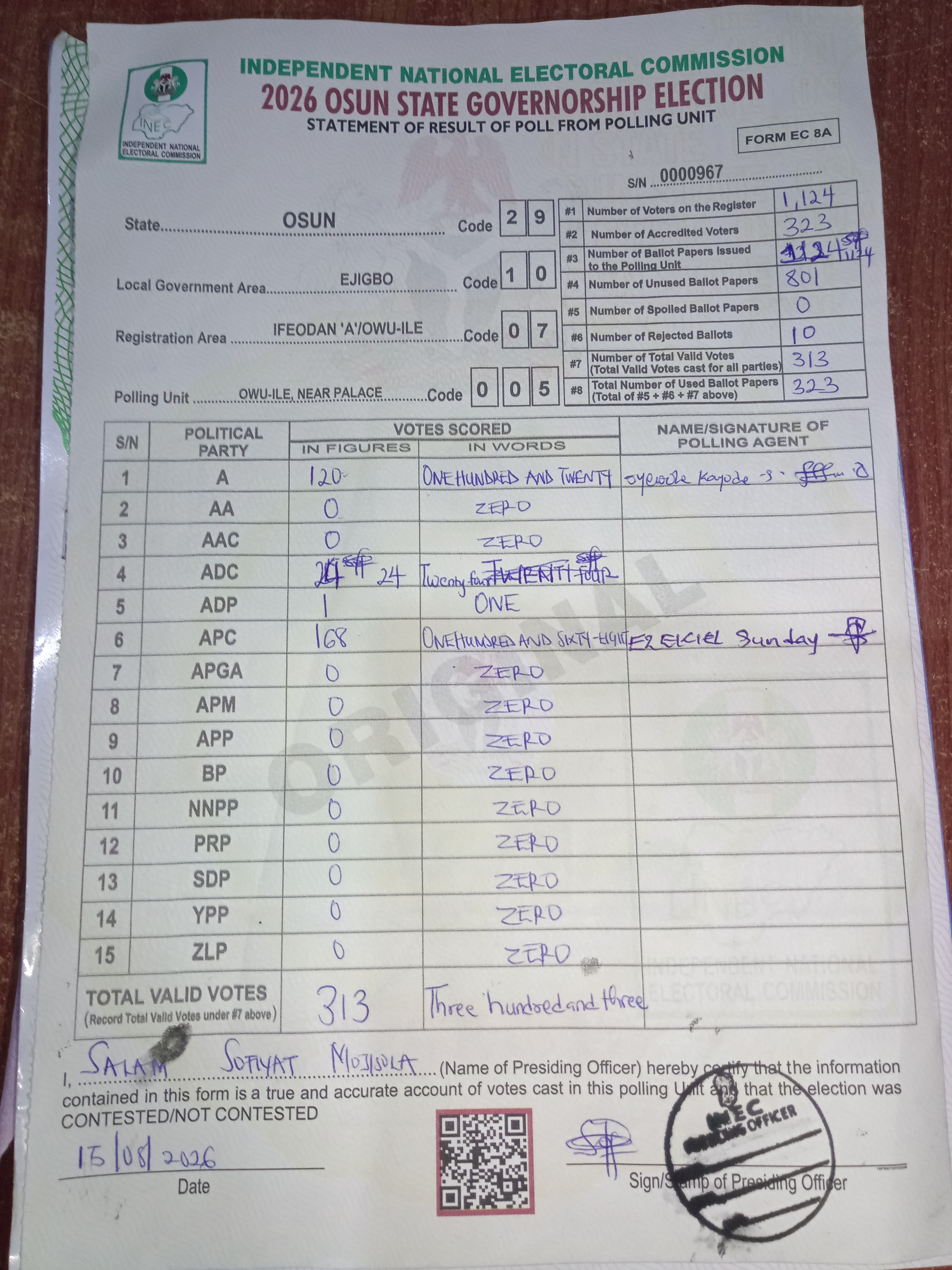 Result sheet for polling unit 29/10/07/005, Owu-Ile, Near Palace