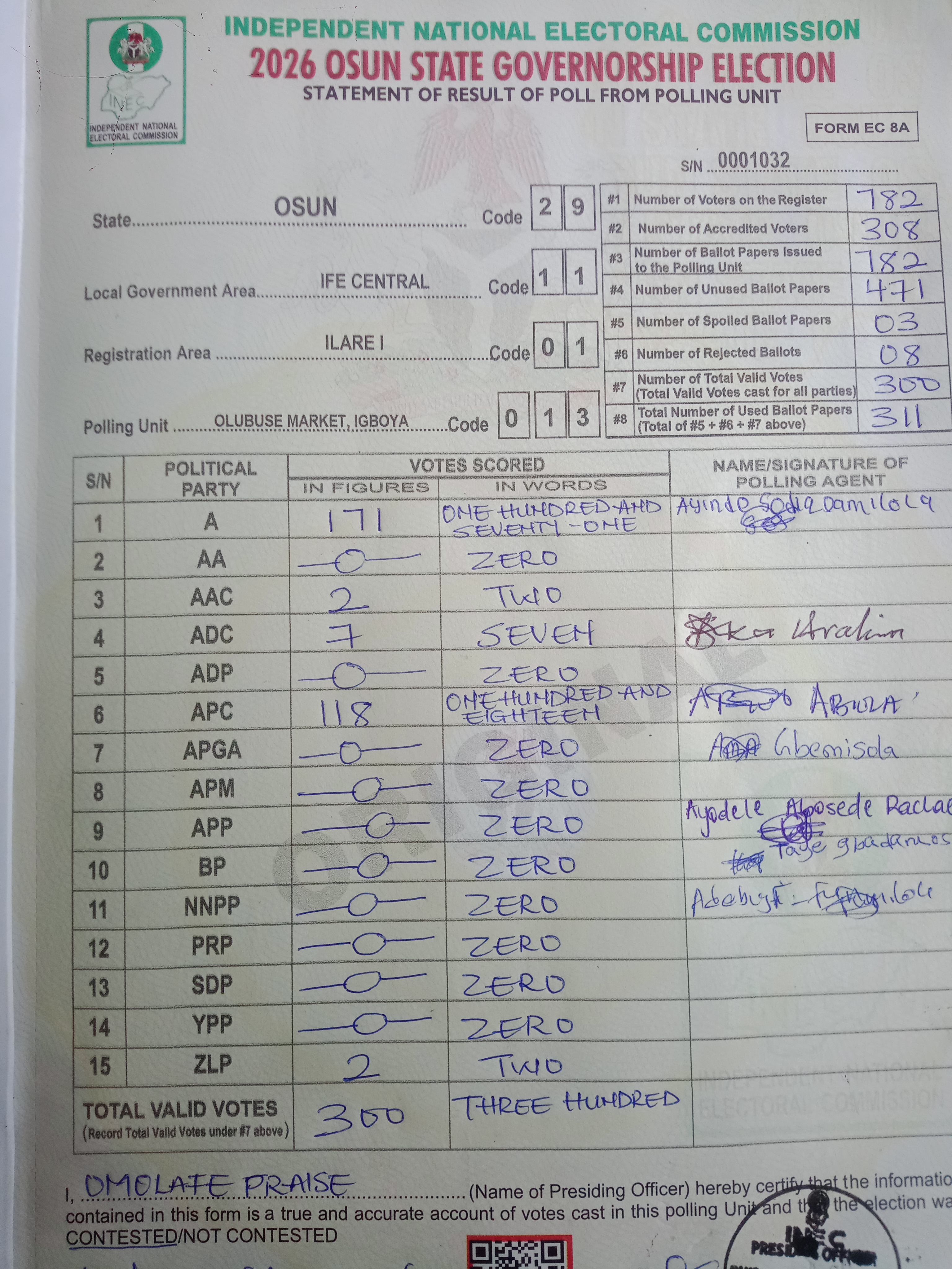 Result sheet for polling unit 29/11/01/013, Olubuse Market, Igboya