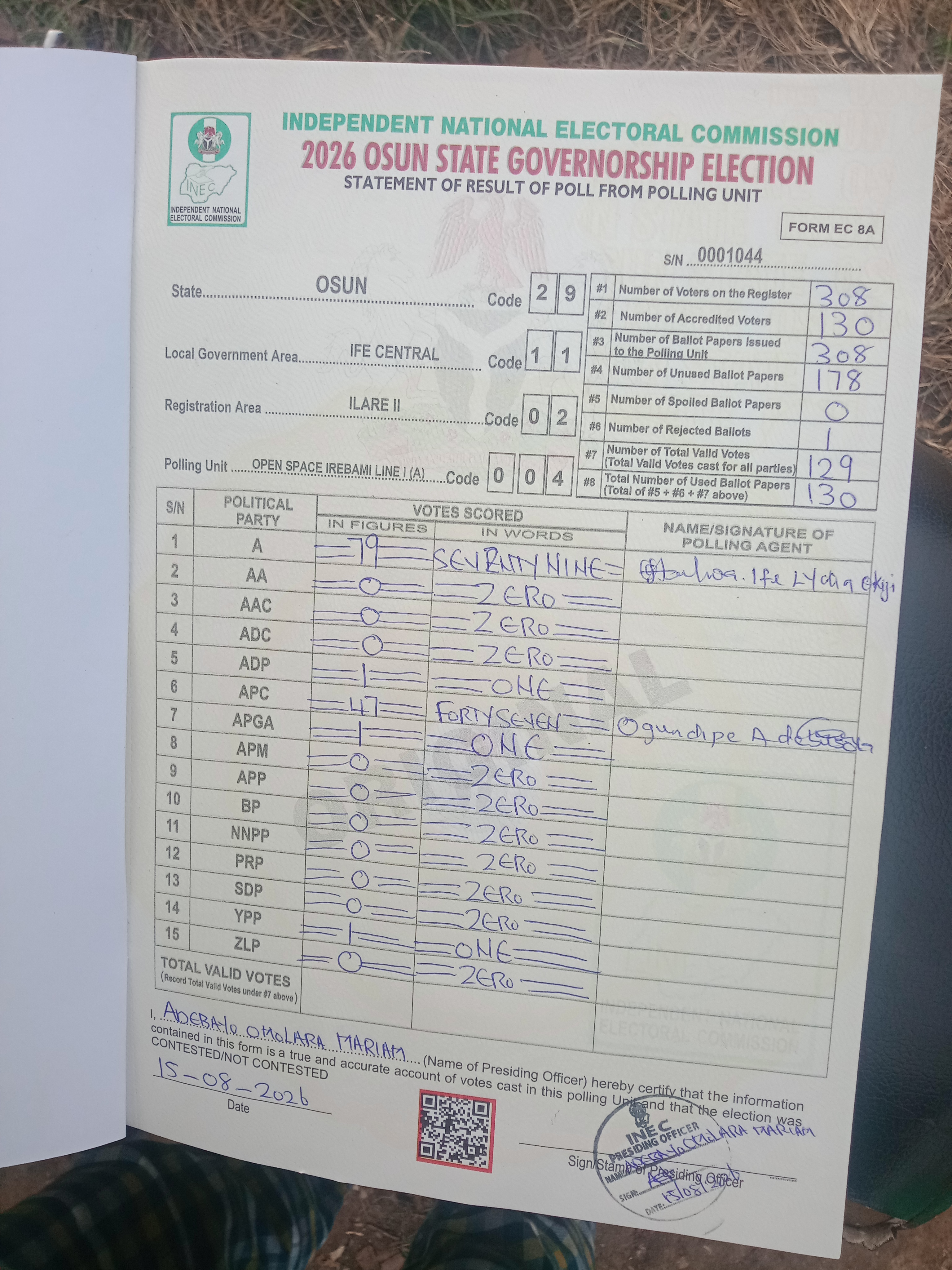 Result sheet for polling unit 29/11/02/004, Open Space Irebami Line I (A)