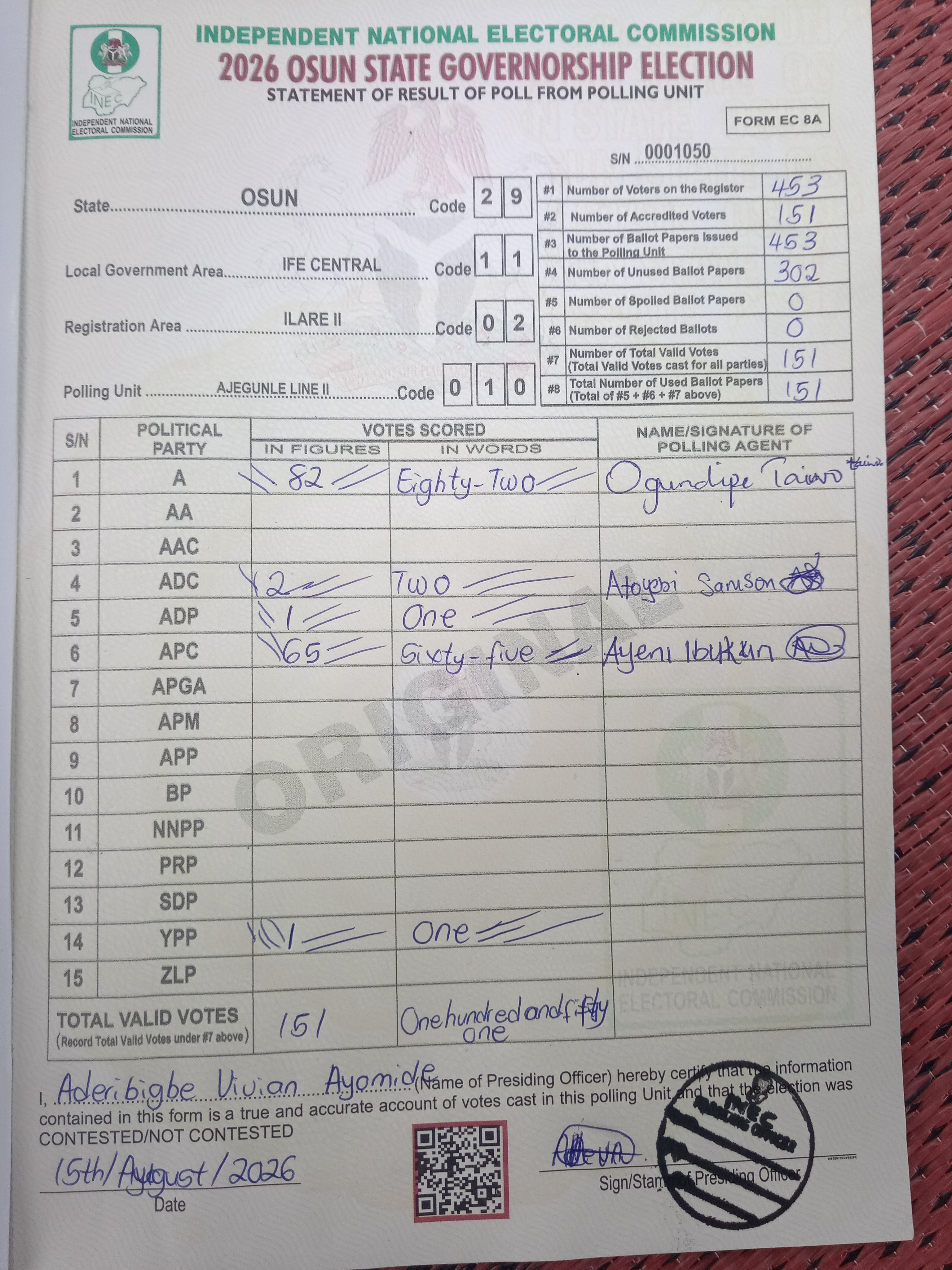 Result sheet for polling unit 29/11/02/010, Ajegunle Line II