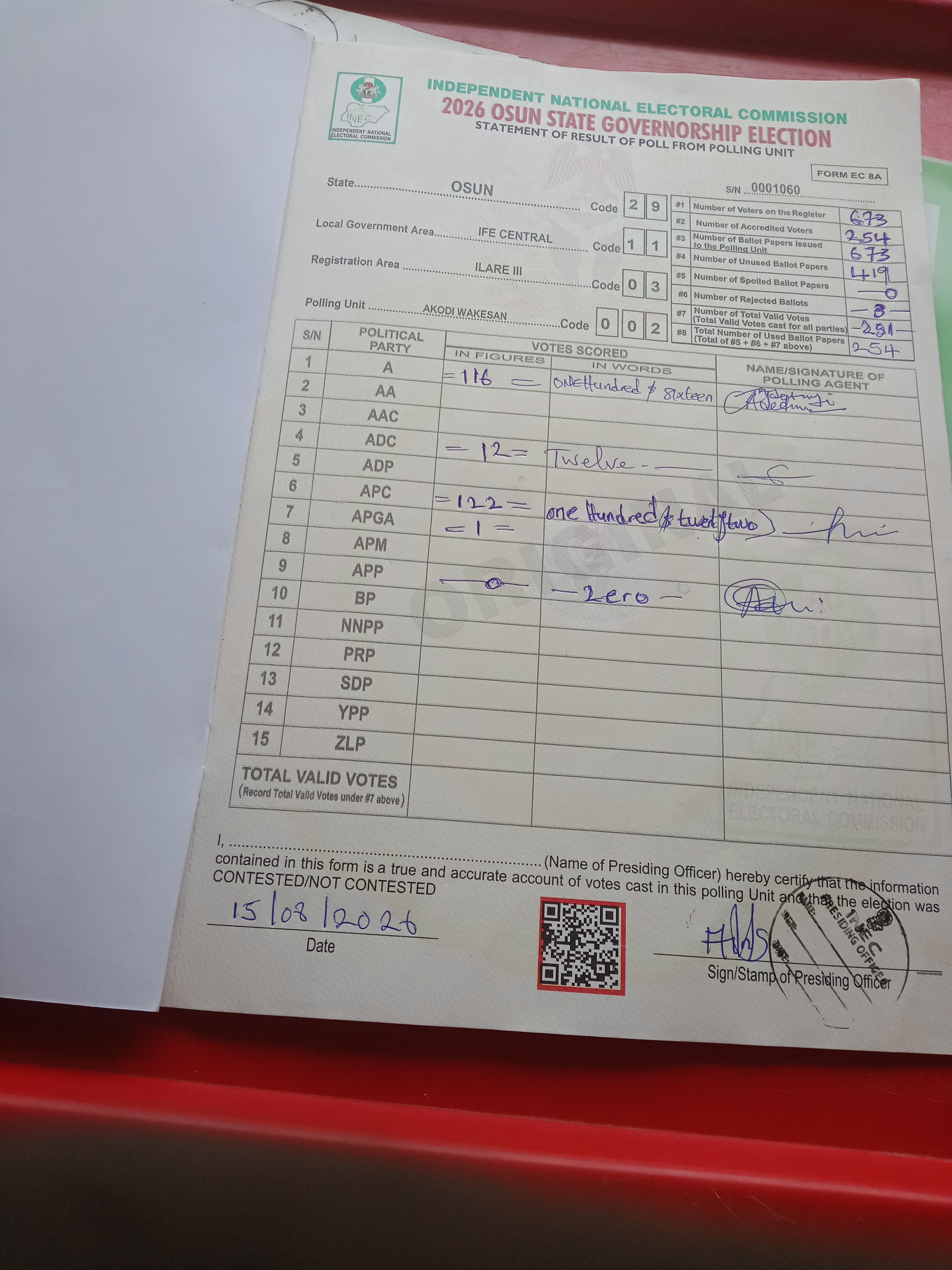 Result sheet for polling unit 29/11/03/002, Akodi Wakesan