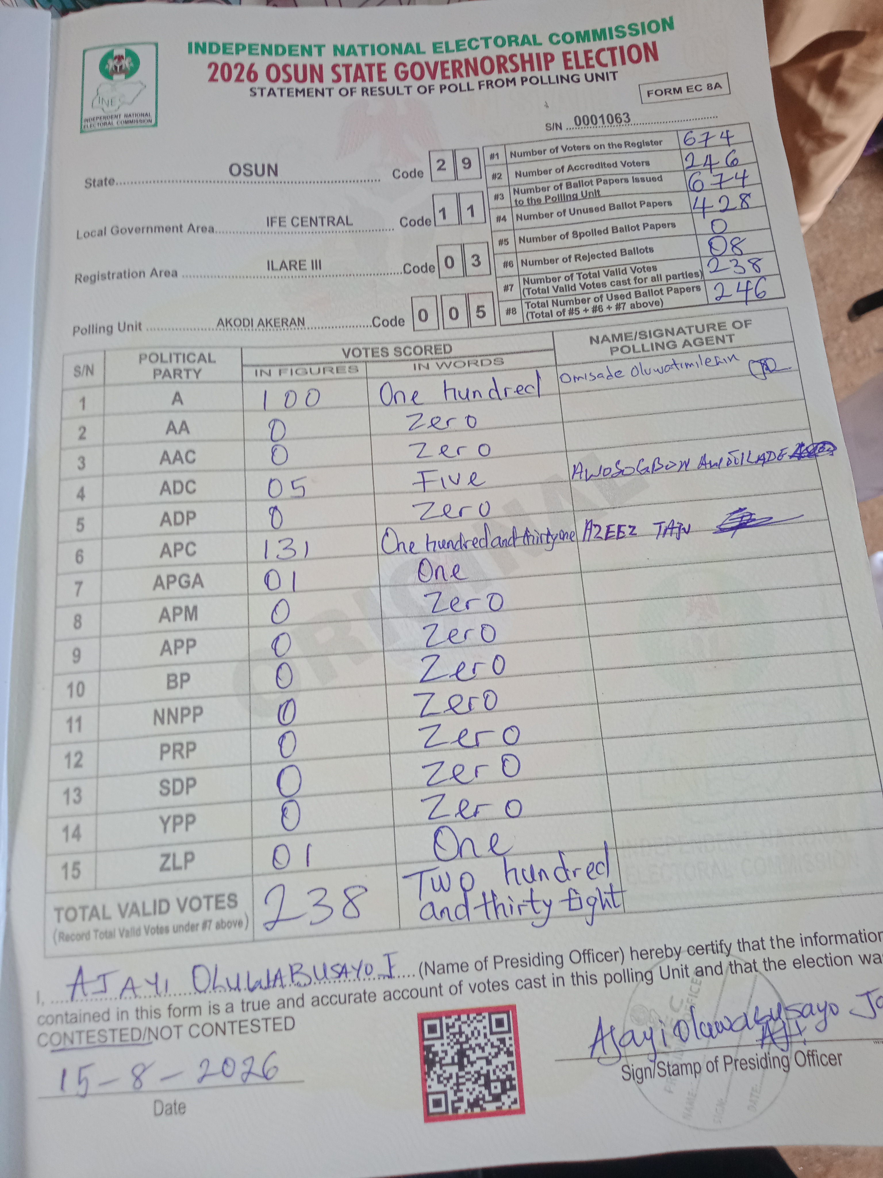 Result sheet for polling unit 29/11/03/005, Akodi Akeran