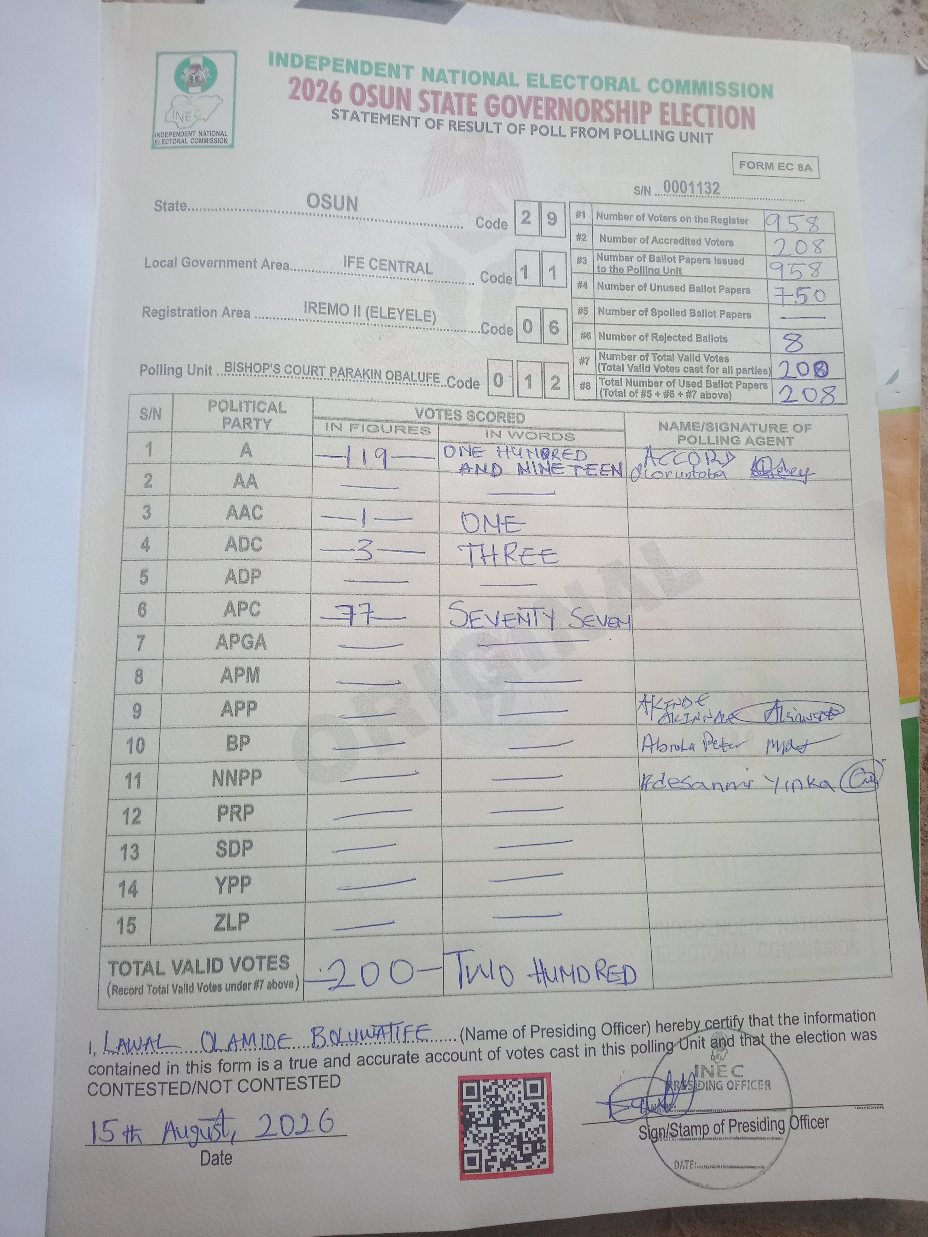 Result sheet for polling unit 29/11/06/012, Bishop's Court Parakin Obalufe