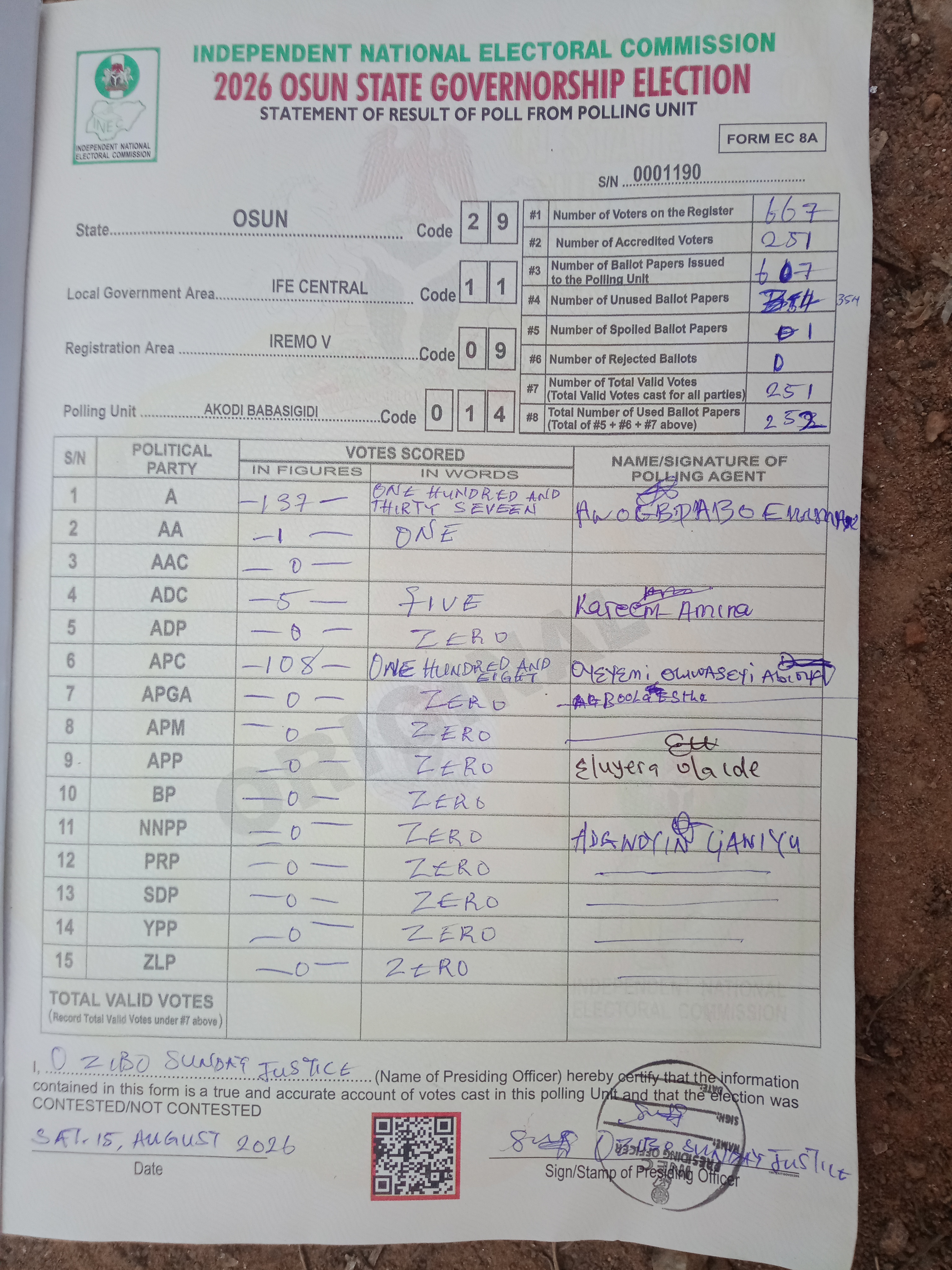 Result sheet for polling unit 29/11/09/014, Akodi Babasigidi
