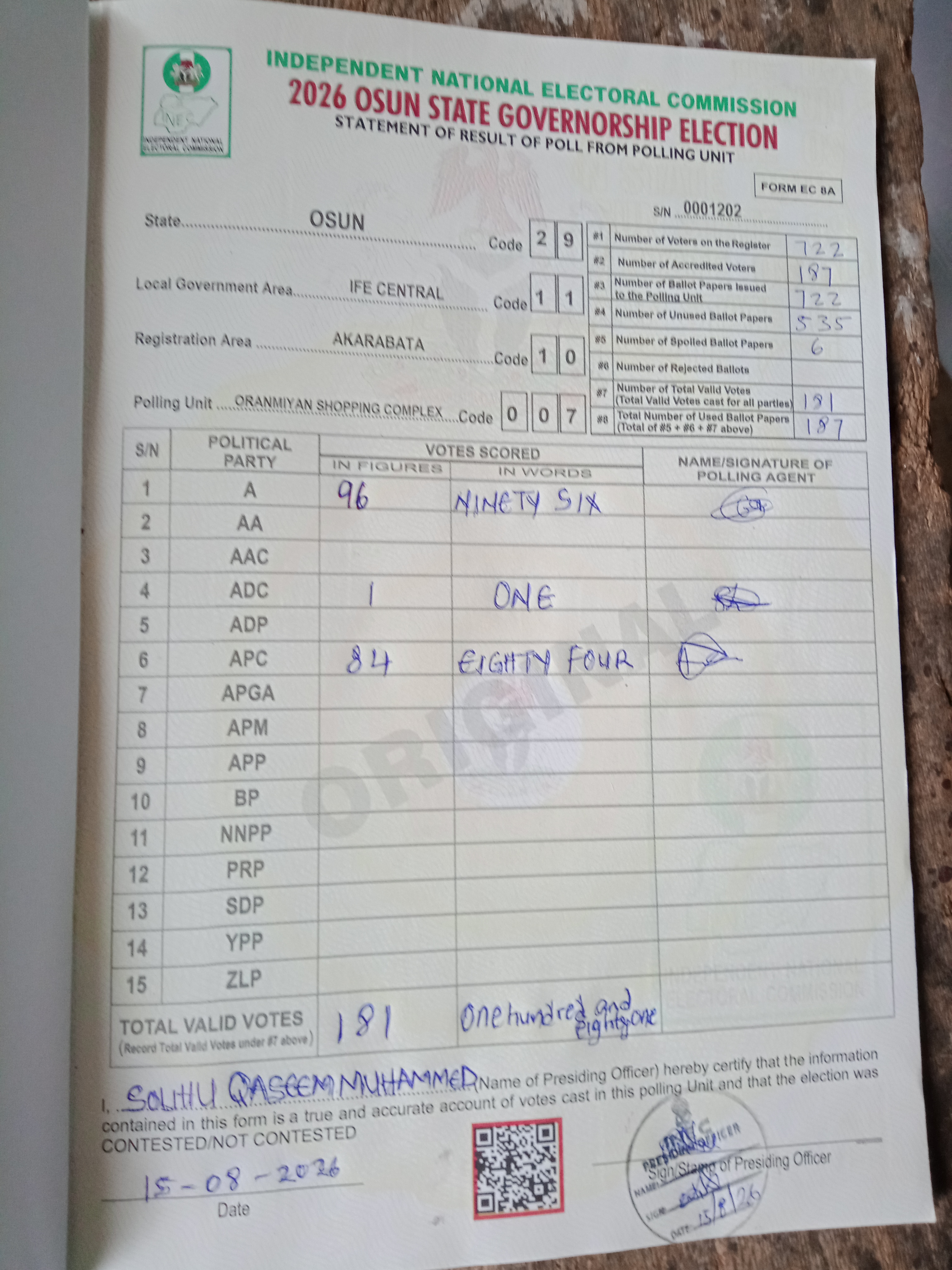 Result sheet for polling unit 29/11/10/007, Oranmiyan Shopping Complex