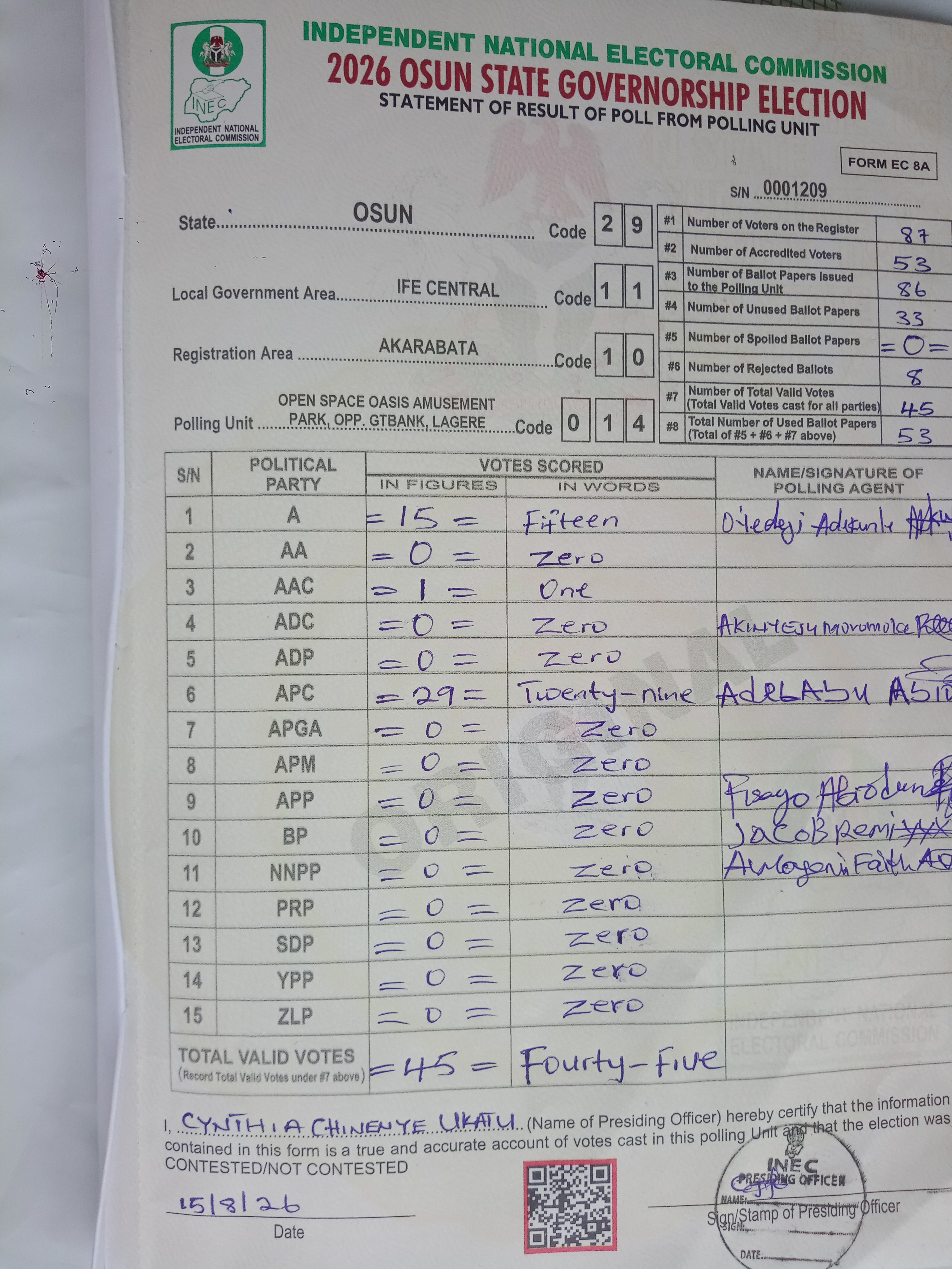Result sheet for polling unit 29/11/10/014, Open Space Oasis Amusement Park, Opp. Gtbank, Lagere