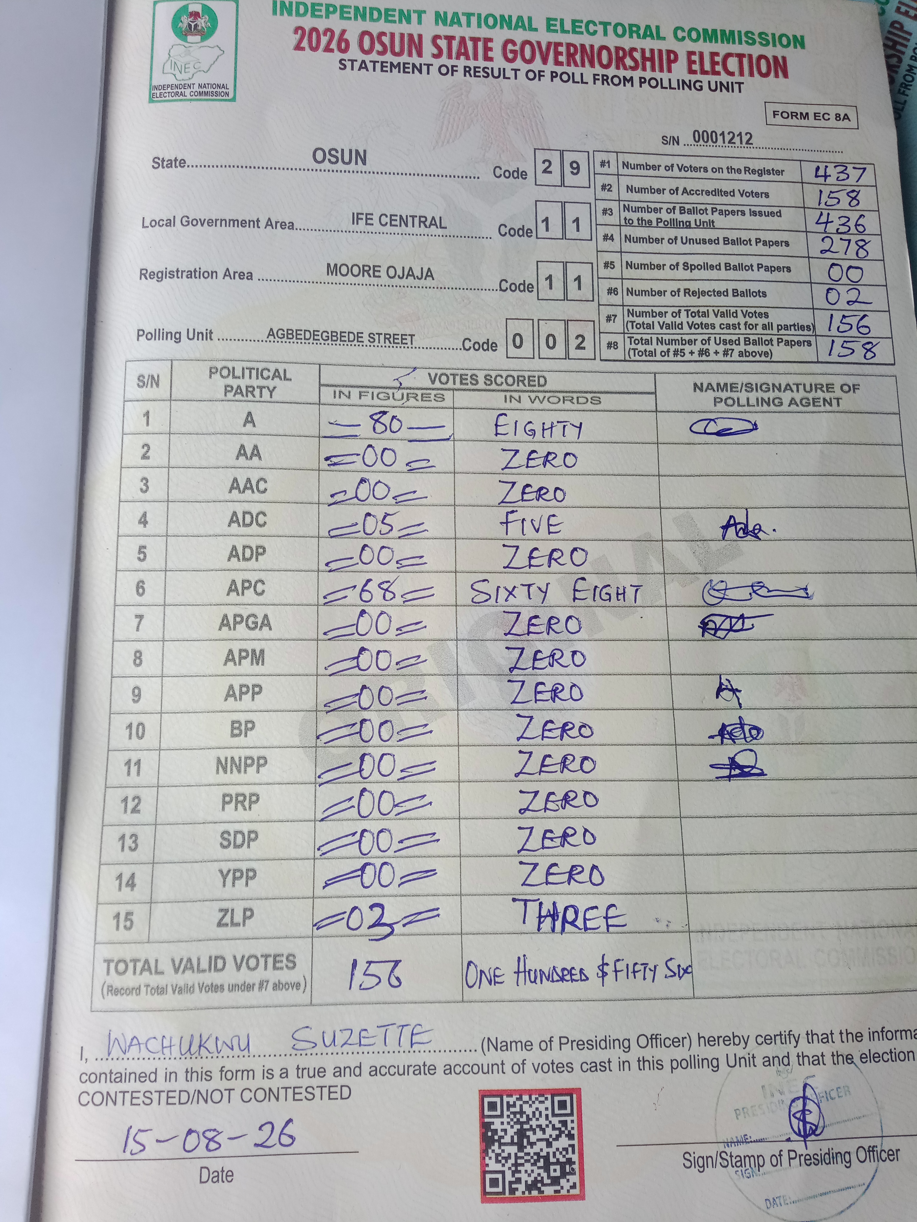 Result sheet for polling unit 29/11/11/002, Agbedegbede Street