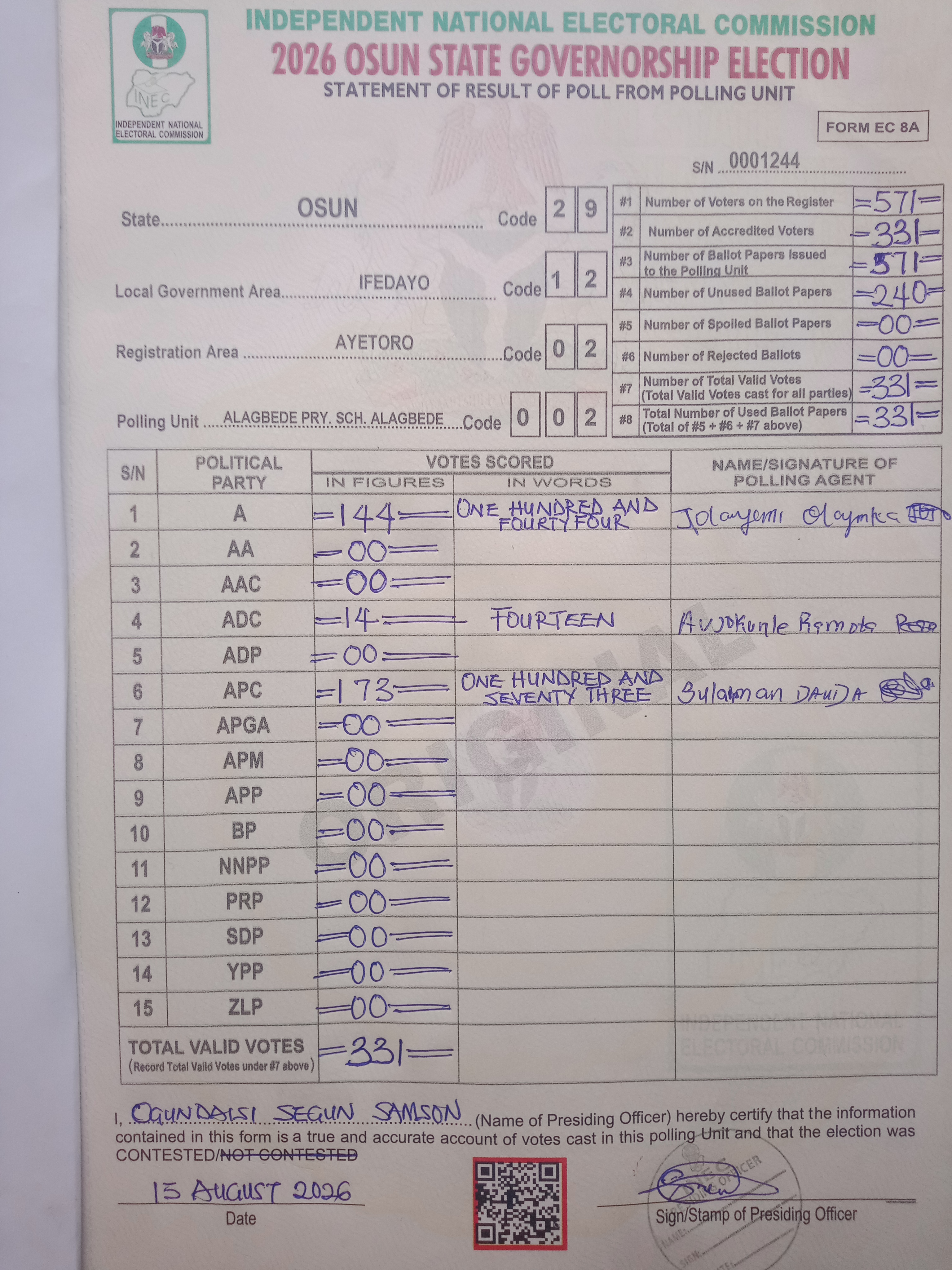 Result sheet for polling unit 29/12/02/002, Alagbede Pry. Sch. Alagbede