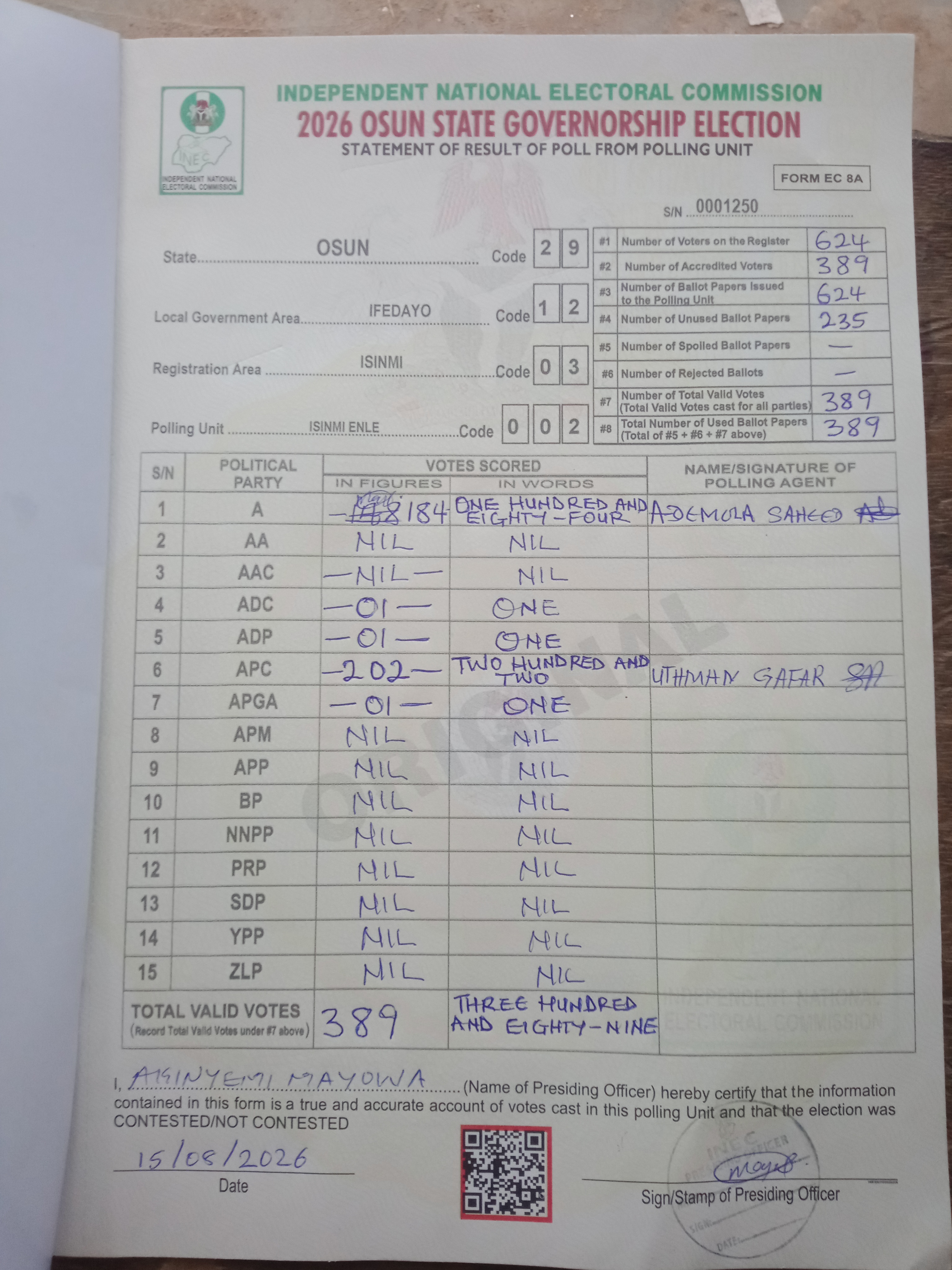 Result sheet for polling unit 29/12/03/002, Isinmi Enle