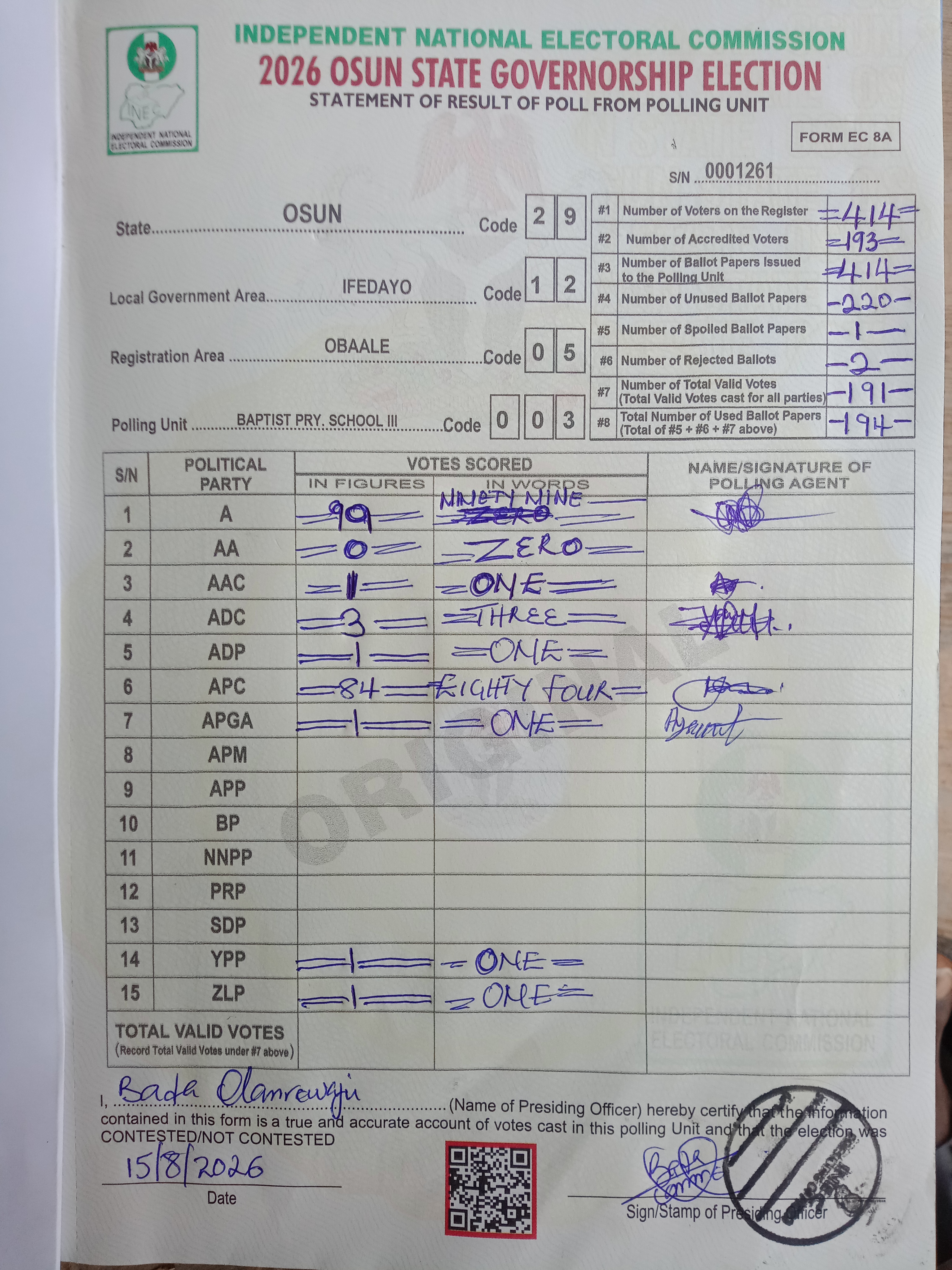 Result sheet for polling unit 29/12/05/003, Baptist Pry. School III