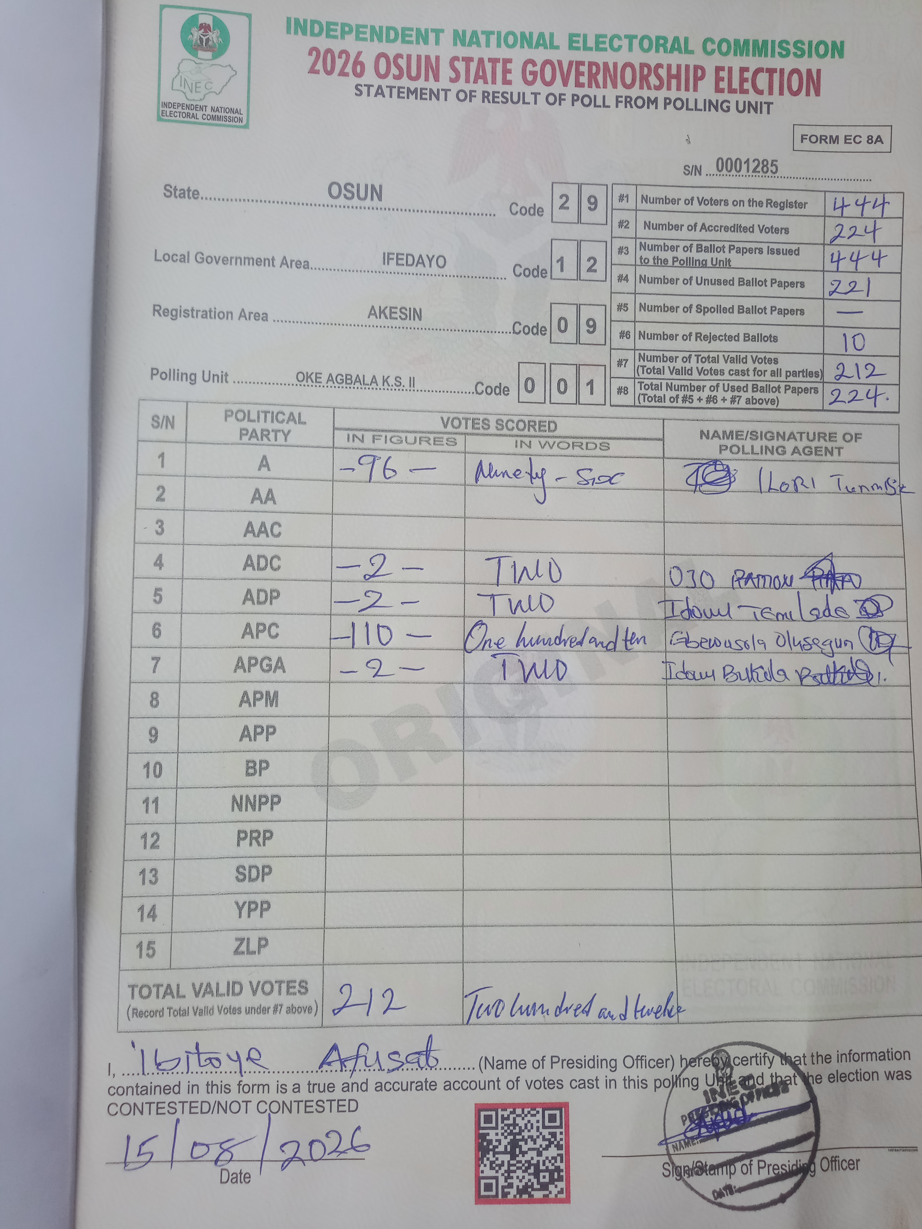 Result sheet for polling unit 29/12/09/001, Oke Agbala K.S. II