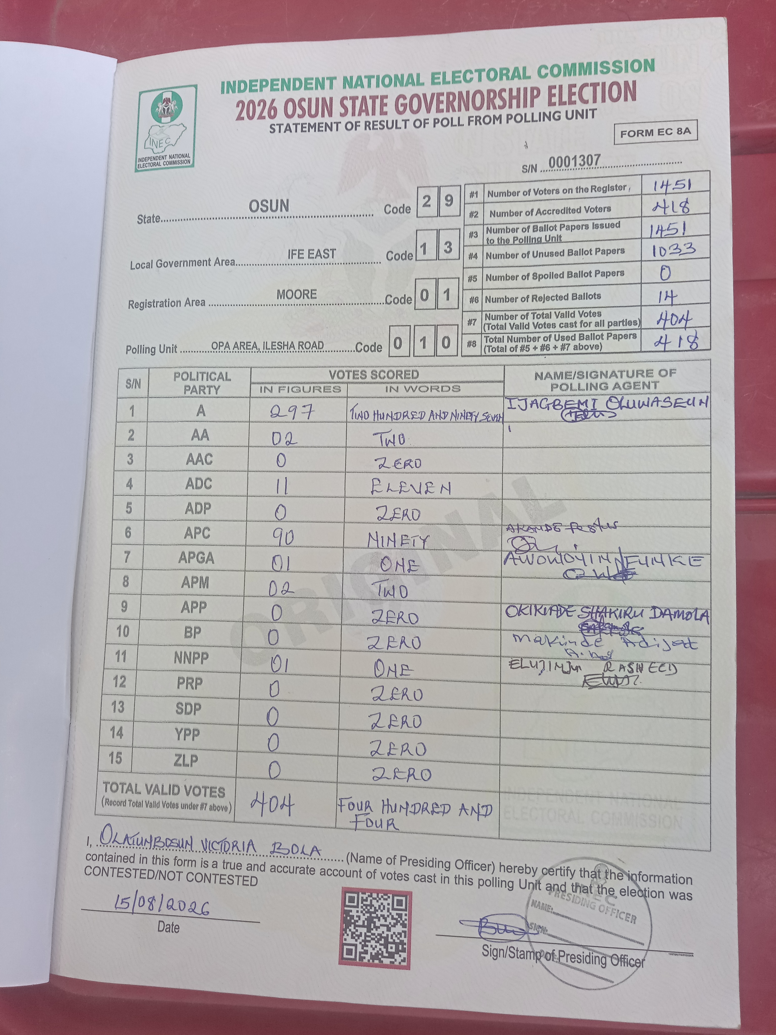 Result sheet for polling unit 29/13/01/010, Opa Area, Ilesha Road