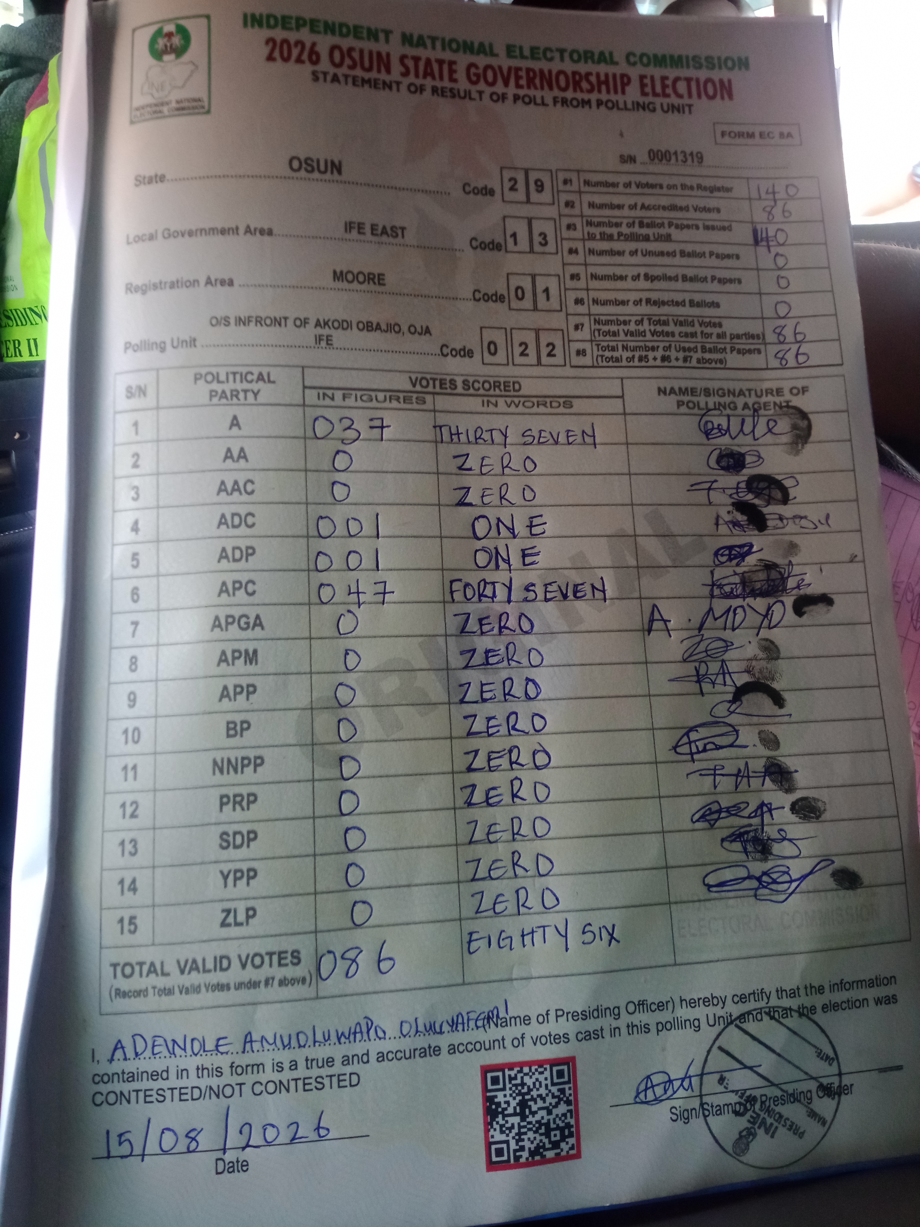 Result sheet for polling unit 29/13/01/022, O/S Infront Of Akodi Obajio, Oja Ife