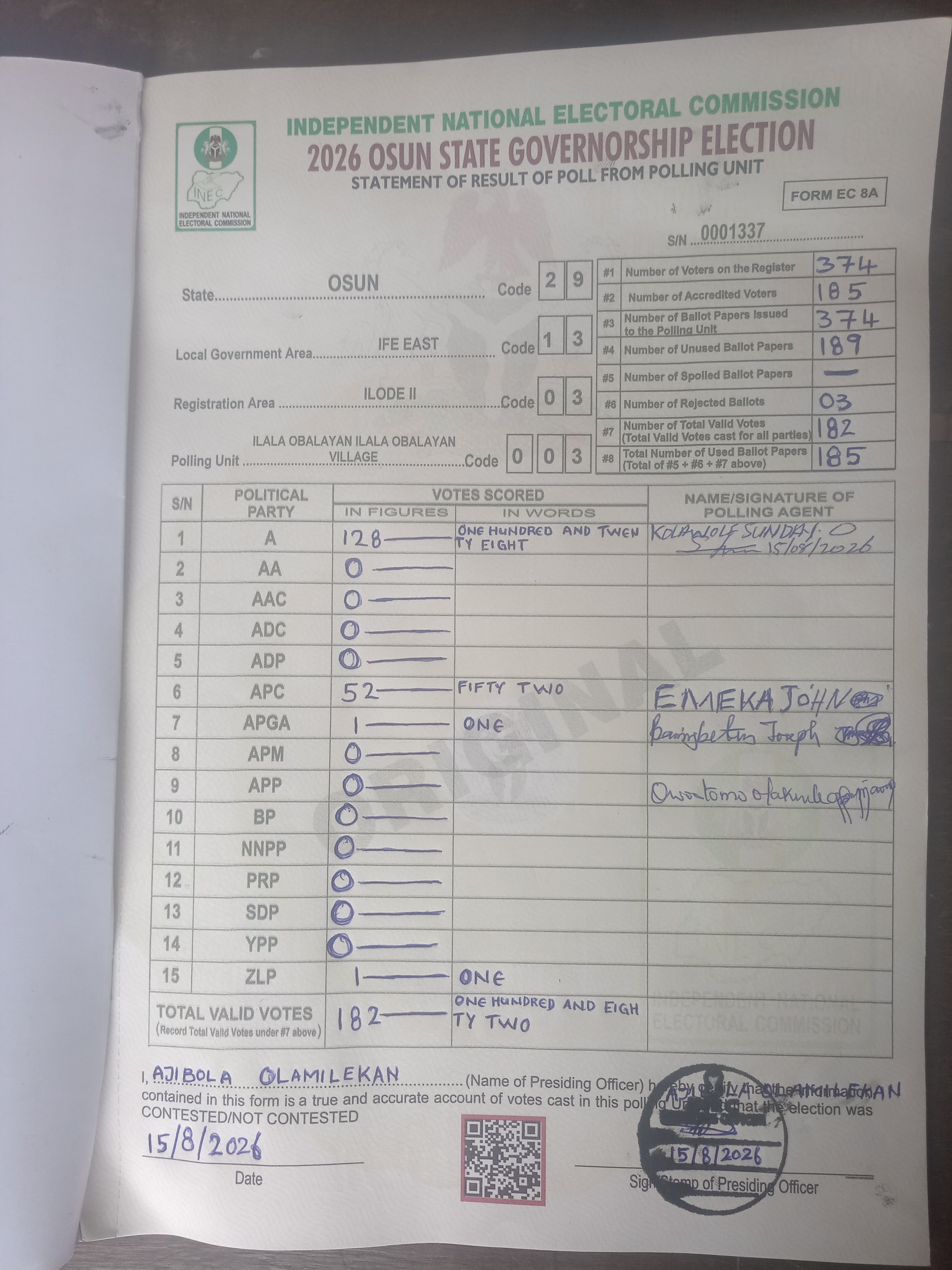 Result sheet for polling unit 29/13/03/003, Ilala Obalayan Ilala Obalayan Village