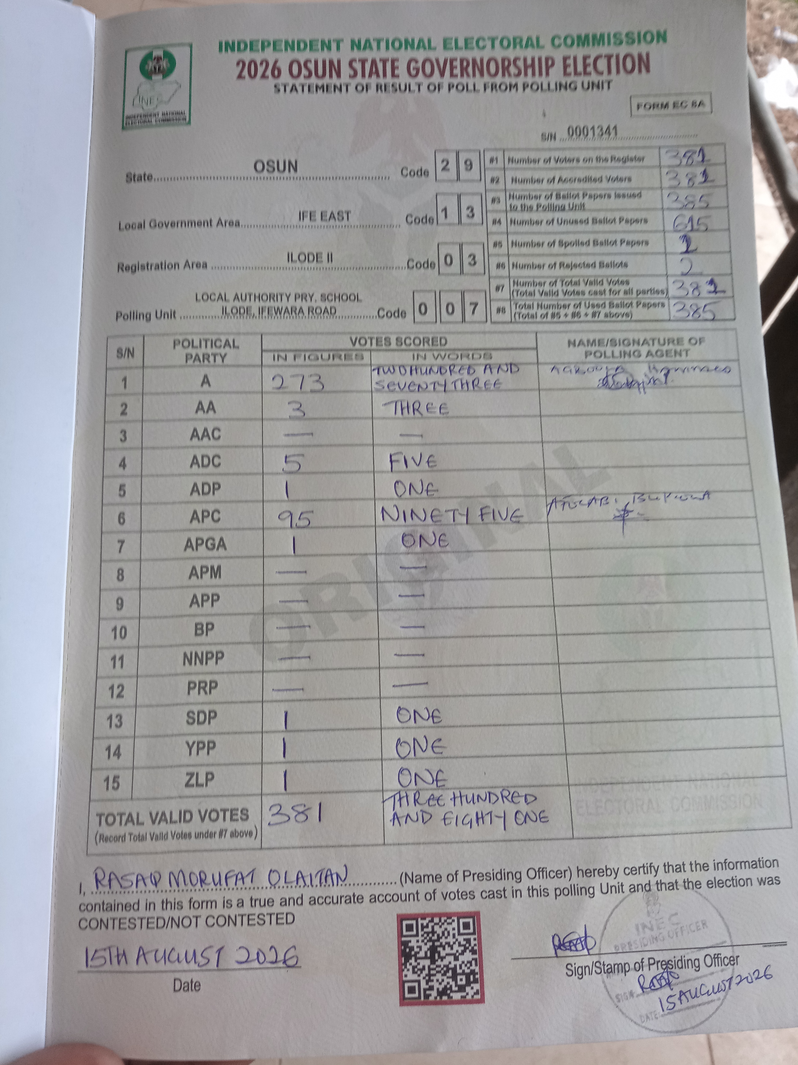 Result sheet for polling unit 29/13/03/007, Local Authority Pry. School Ilode, Ifewara Road