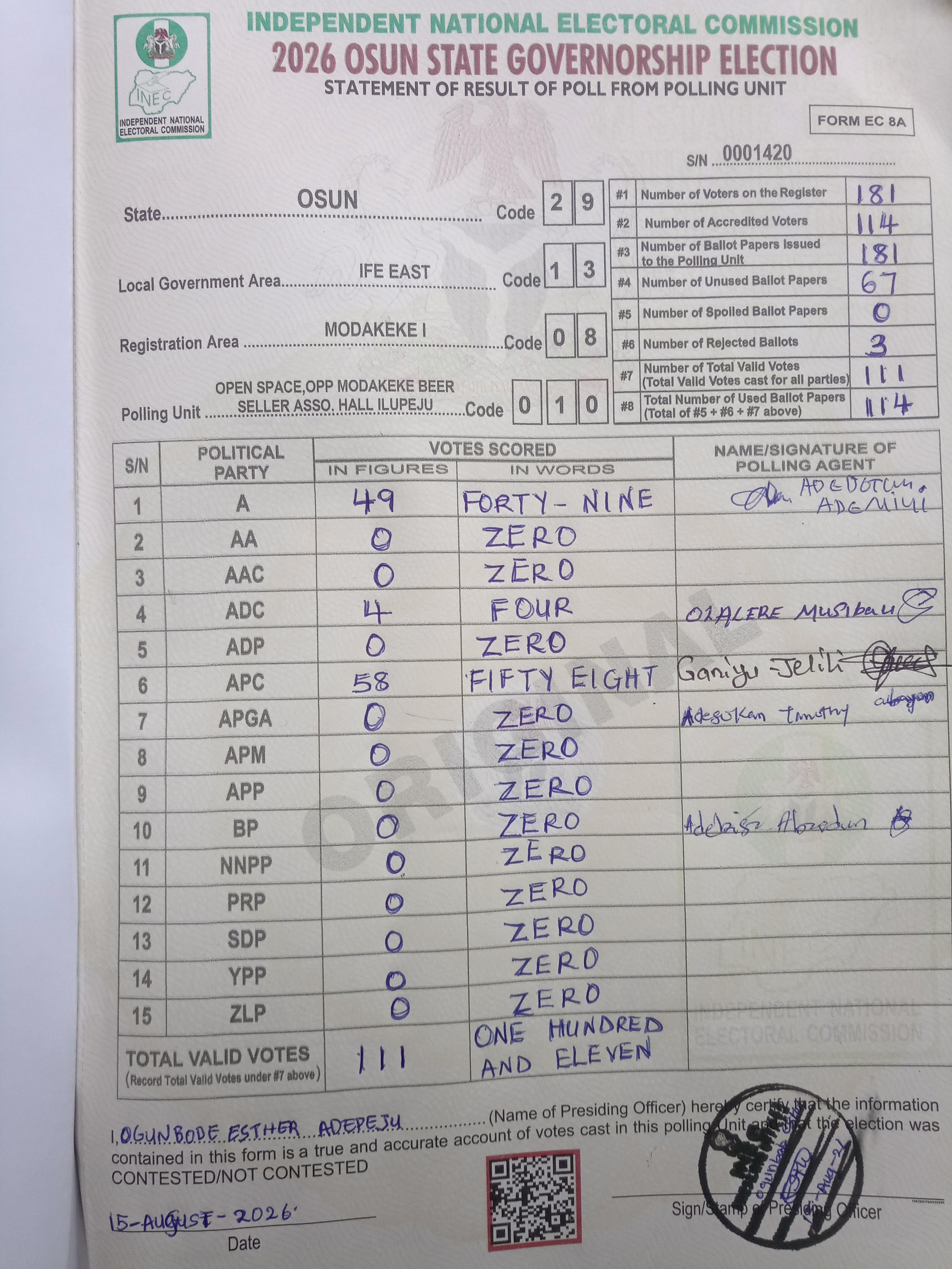 Result sheet for polling unit 29/13/08/010, Open Space,Opp Modakeke Beer Seller Asso. Hall Ilupeju