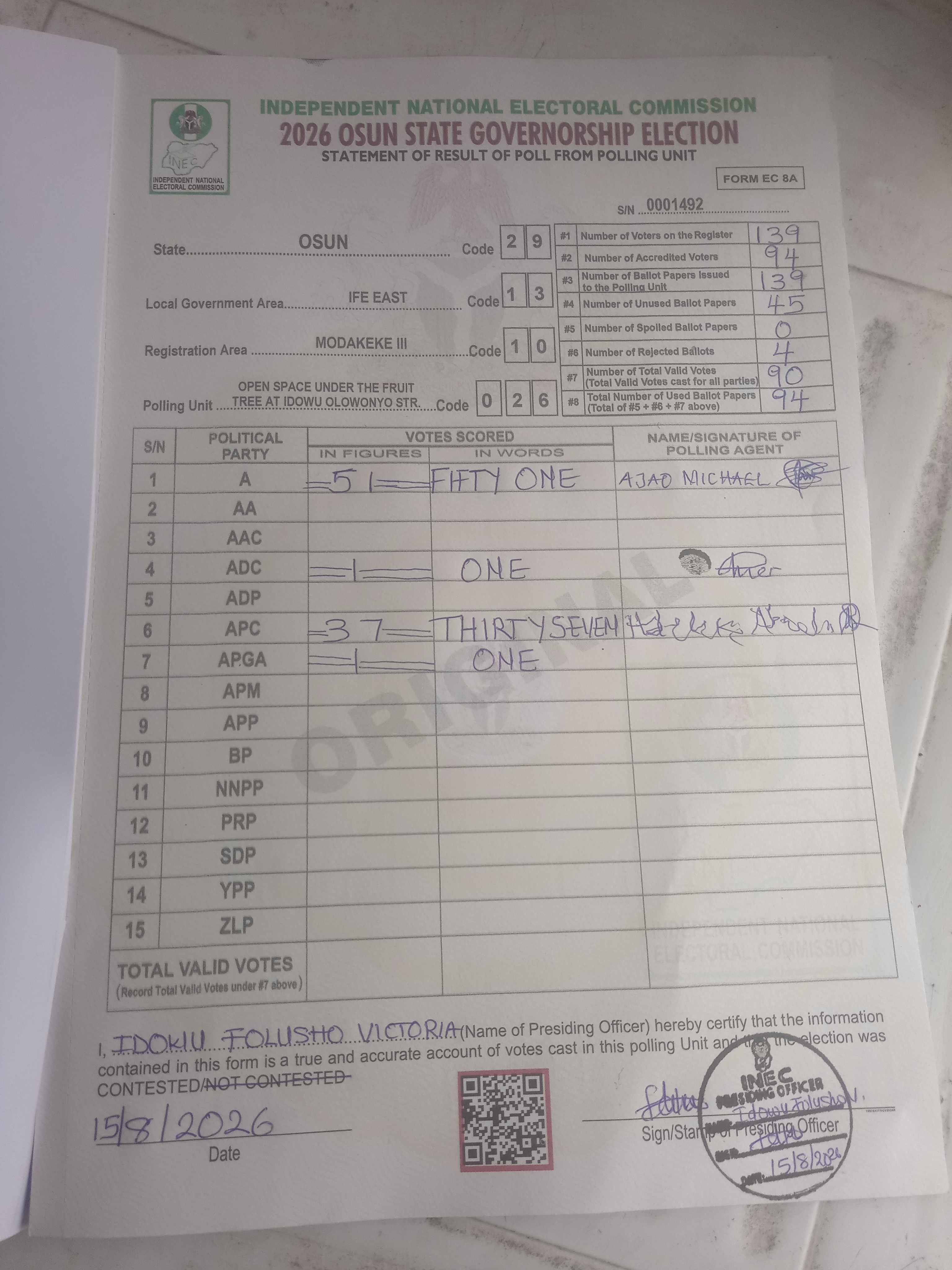 Result sheet for polling unit 29/13/10/026, Open Space Under The Fruit Tree At Idowu Olowonyo Str.