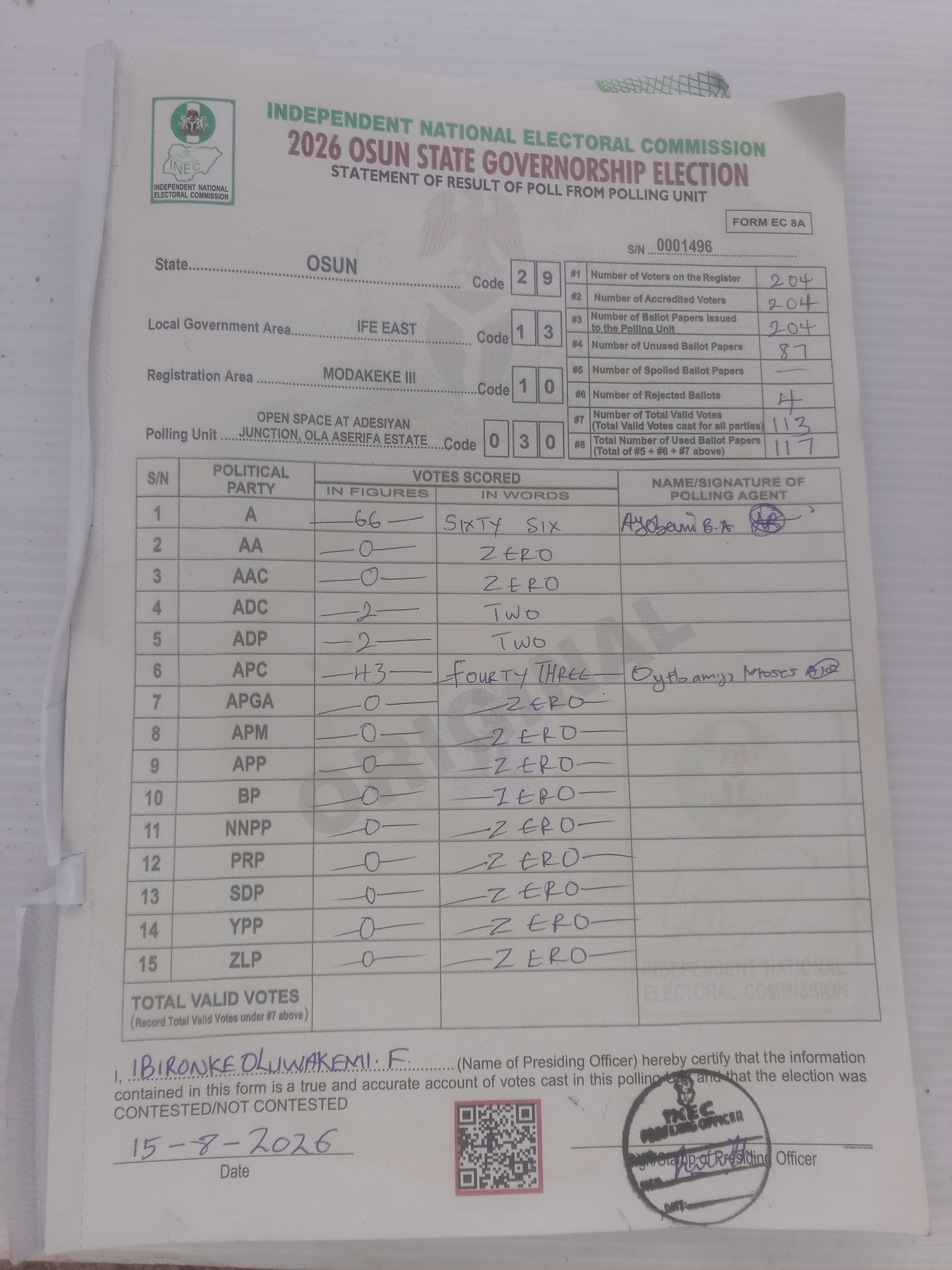Result sheet for polling unit 29/13/10/030, Open Space At Adesiyan Junction, Ola Aserifa Estate