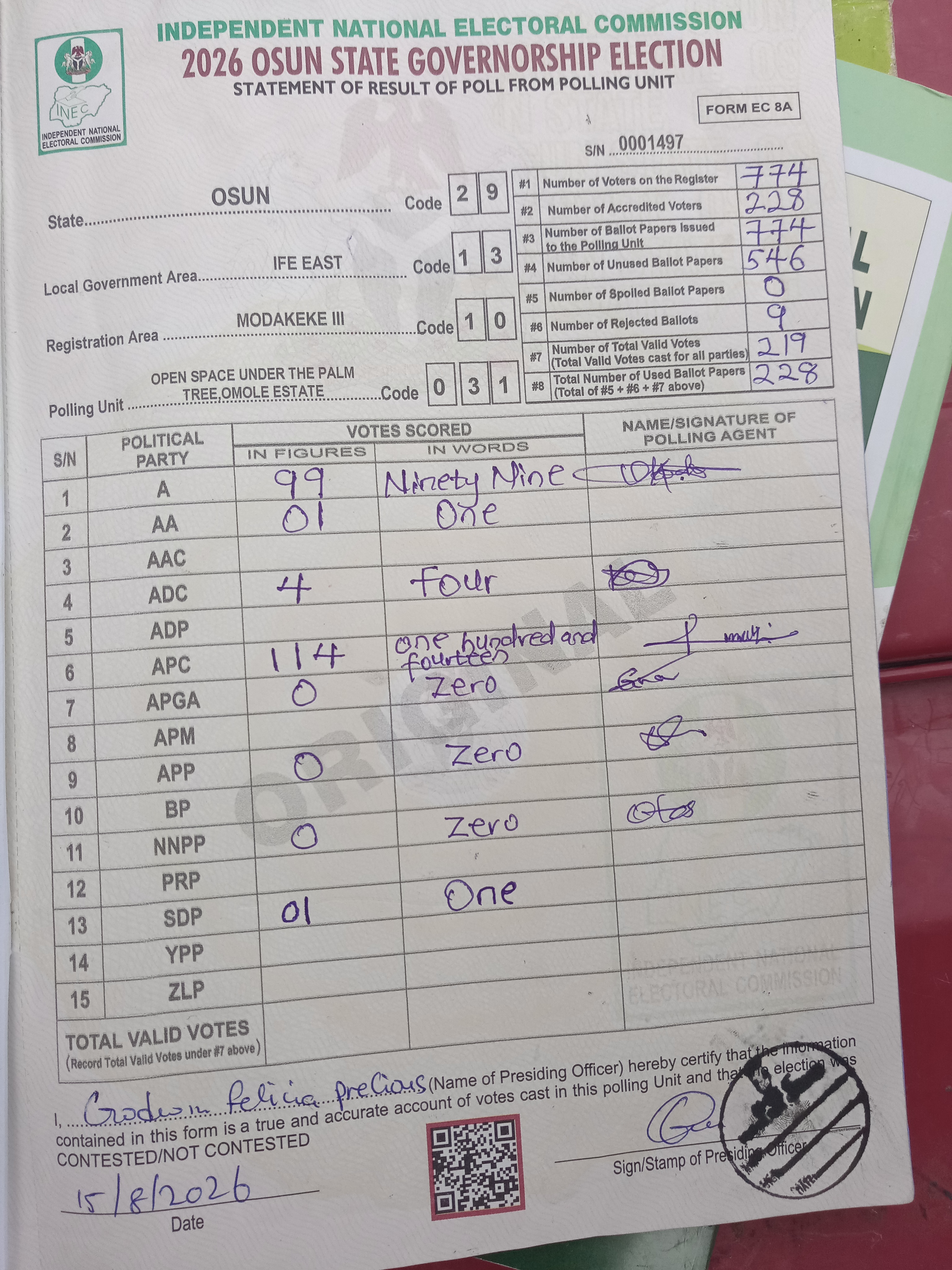 Result sheet for polling unit 29/13/10/031, Open Space Under The Palm Tree,Omole Estate