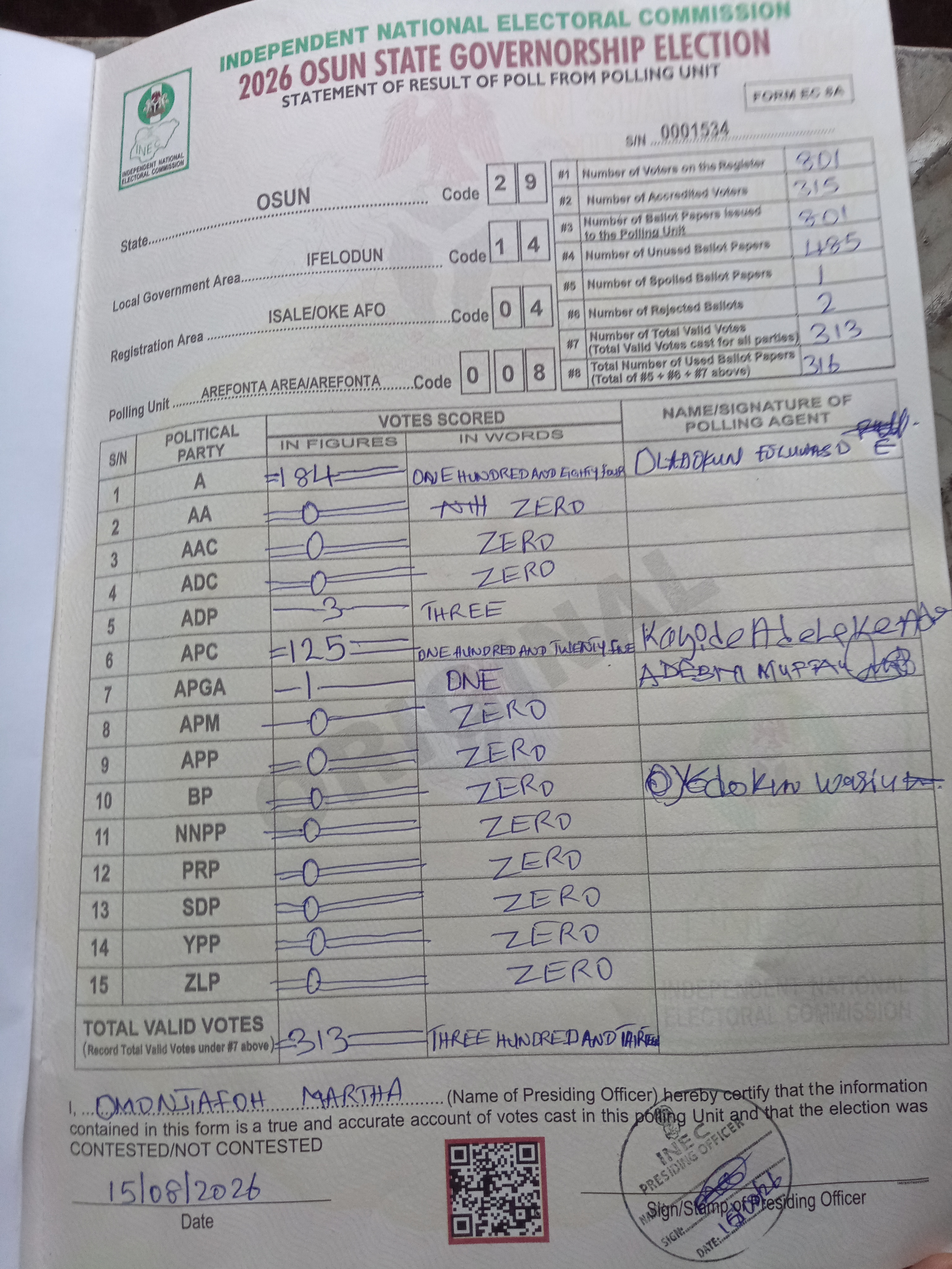 Result sheet for polling unit 29/14/04/008, Arefonta Area/Arefonta