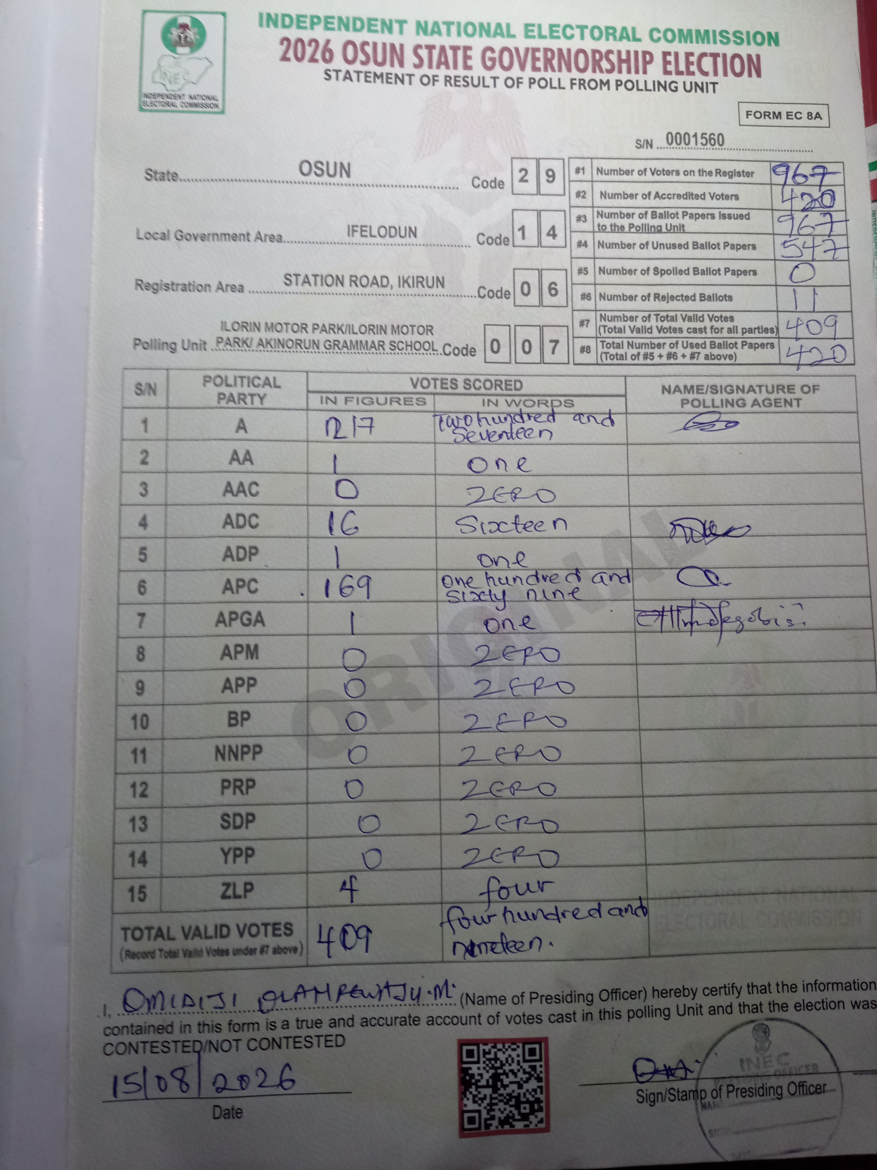 Result sheet for polling unit 29/14/06/007, Ilorin Motor Park/Ilorin Motor Park/ Akinorun Grammar School