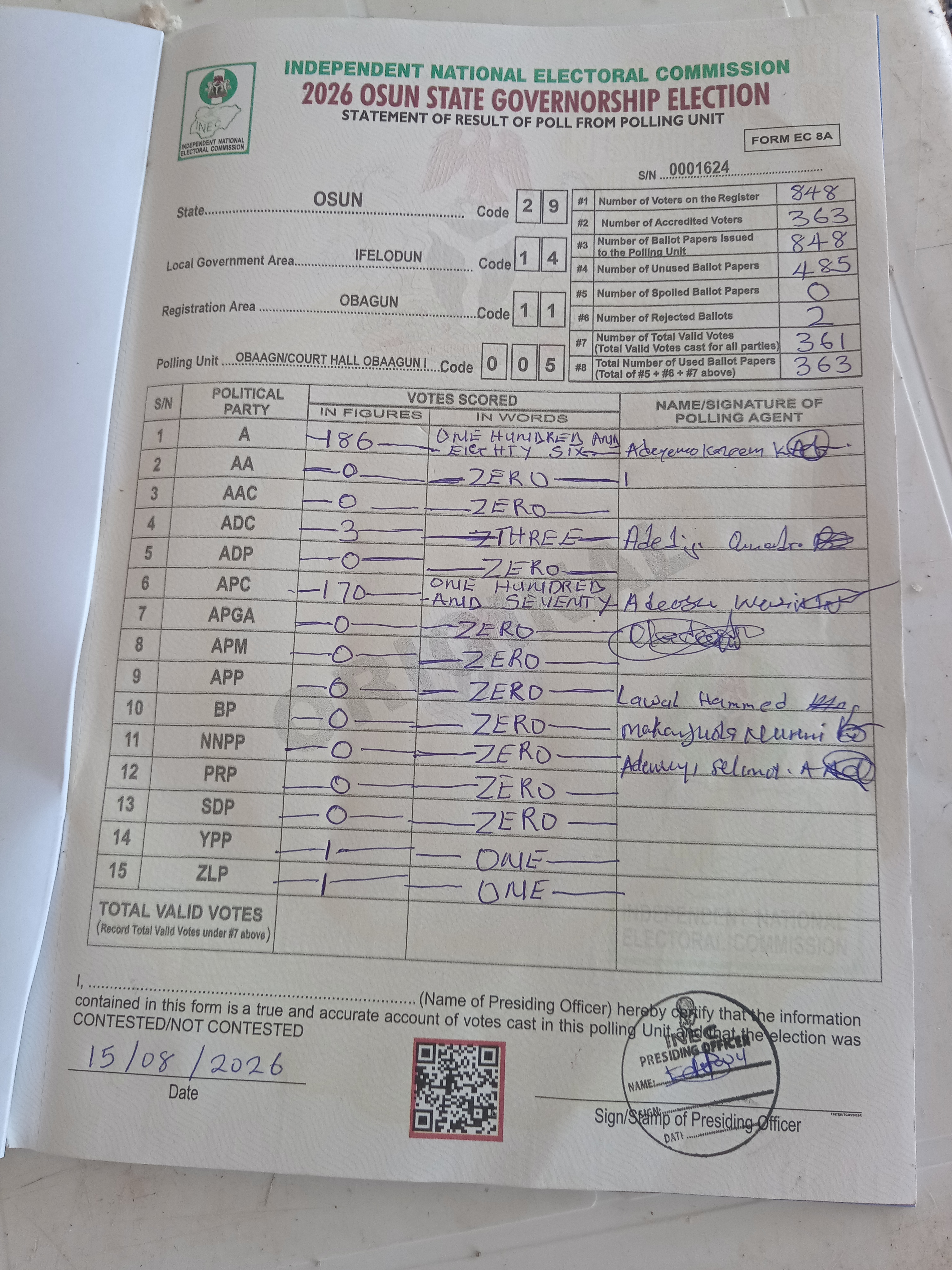 Result sheet for polling unit 29/14/11/005, Obaagn/Court Hall Obaagun I