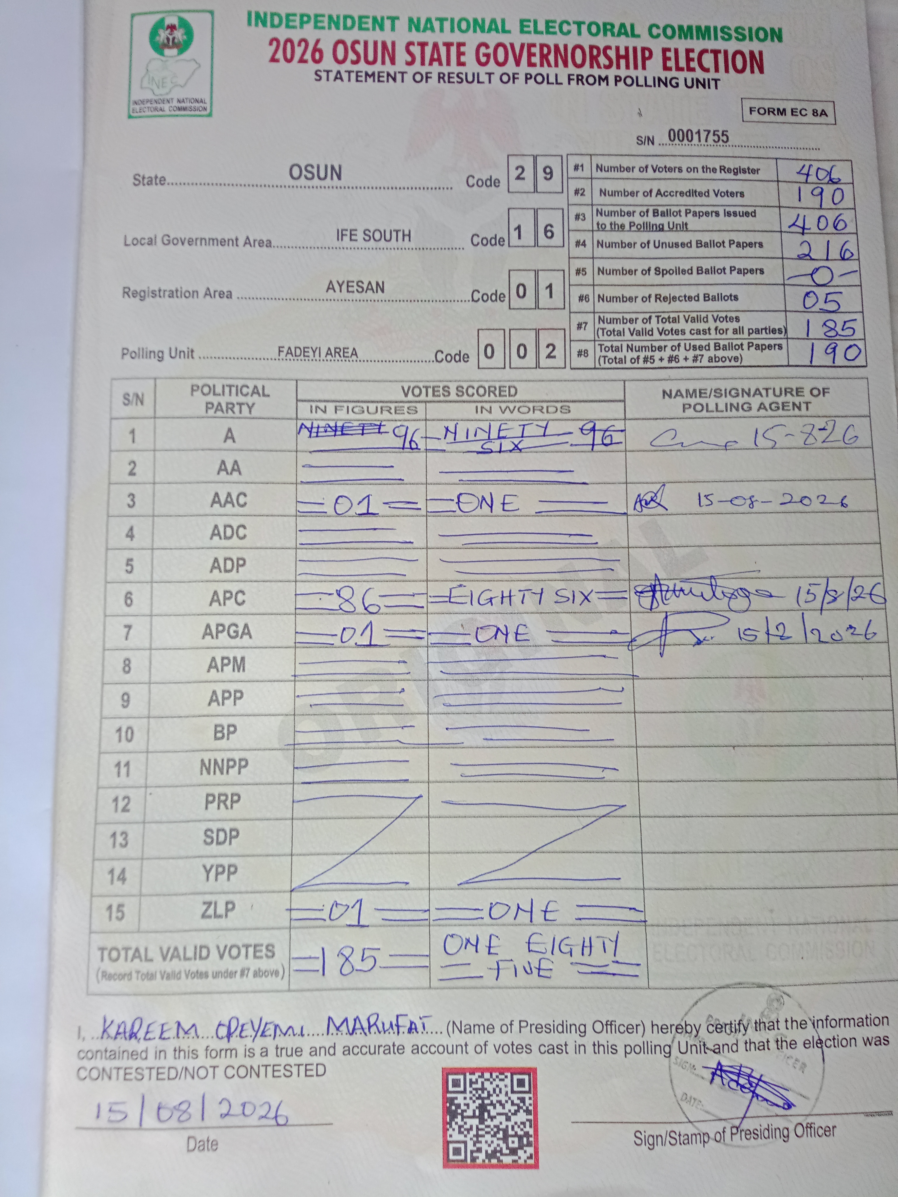 Result sheet for polling unit 29/16/01/002, Fadeyi Area