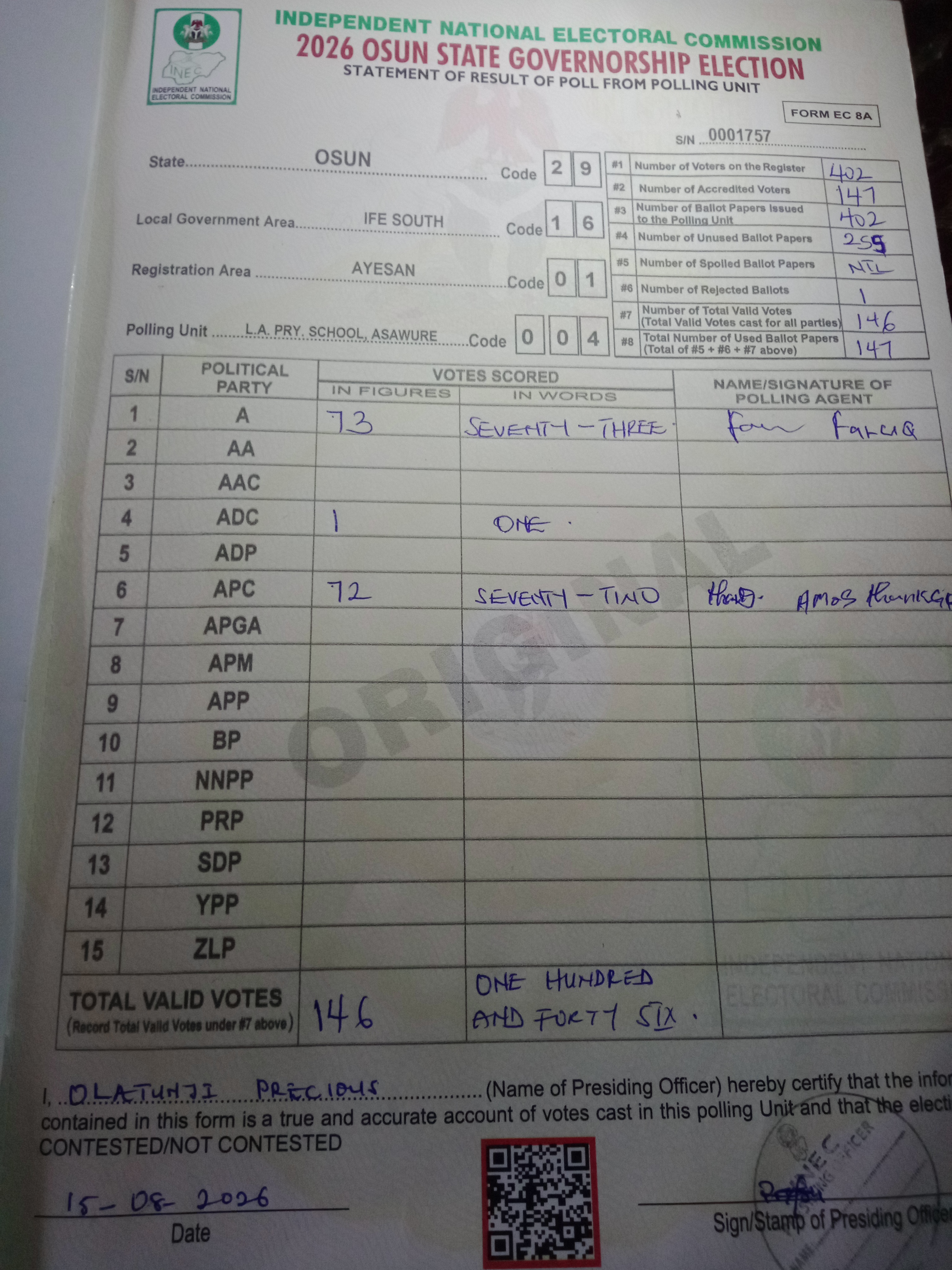 Result sheet for polling unit 29/16/01/004, L.A. Pry. School, Asawure