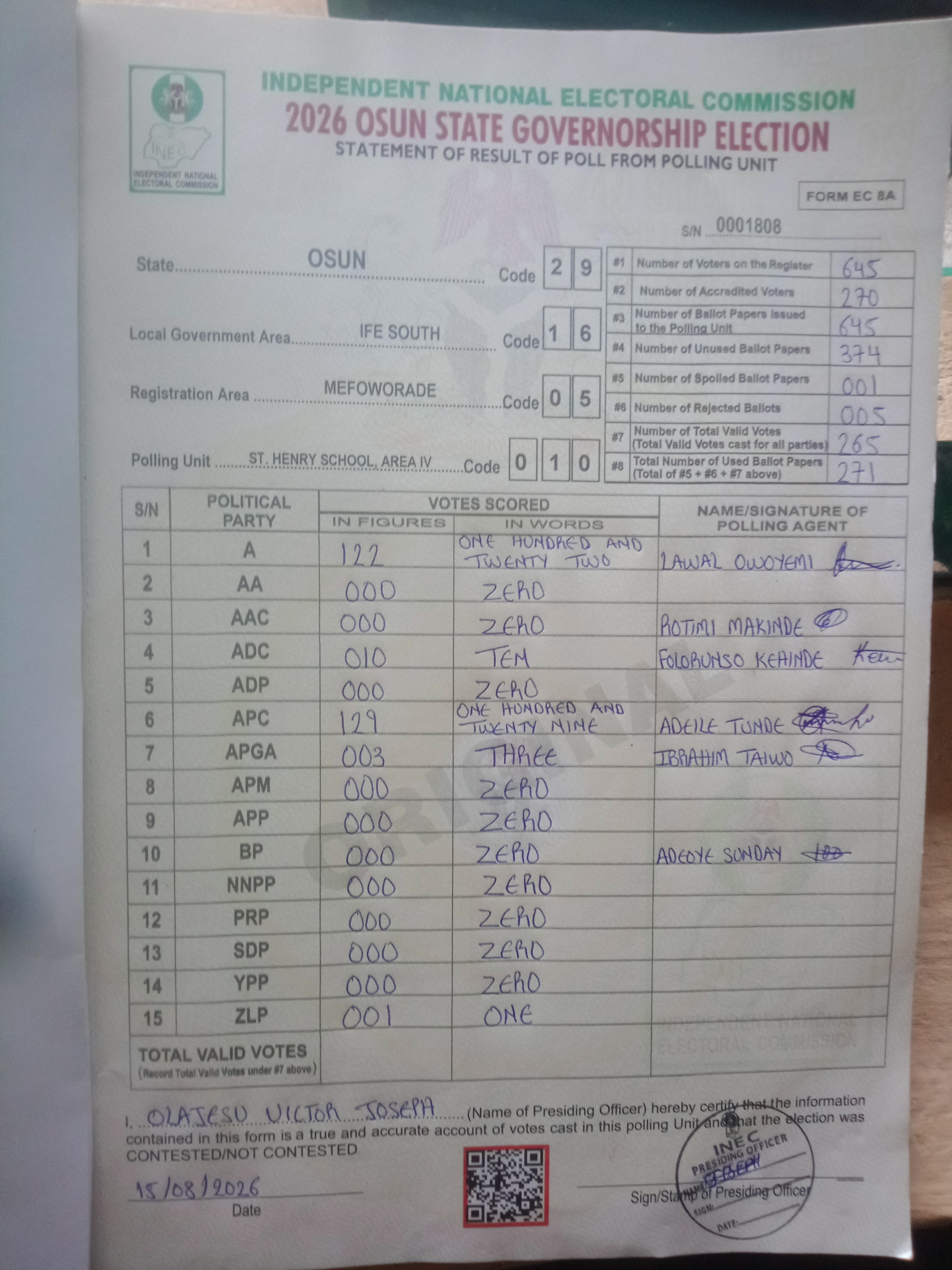 Result sheet for polling unit 29/16/05/010, St. Henry School, Area IV