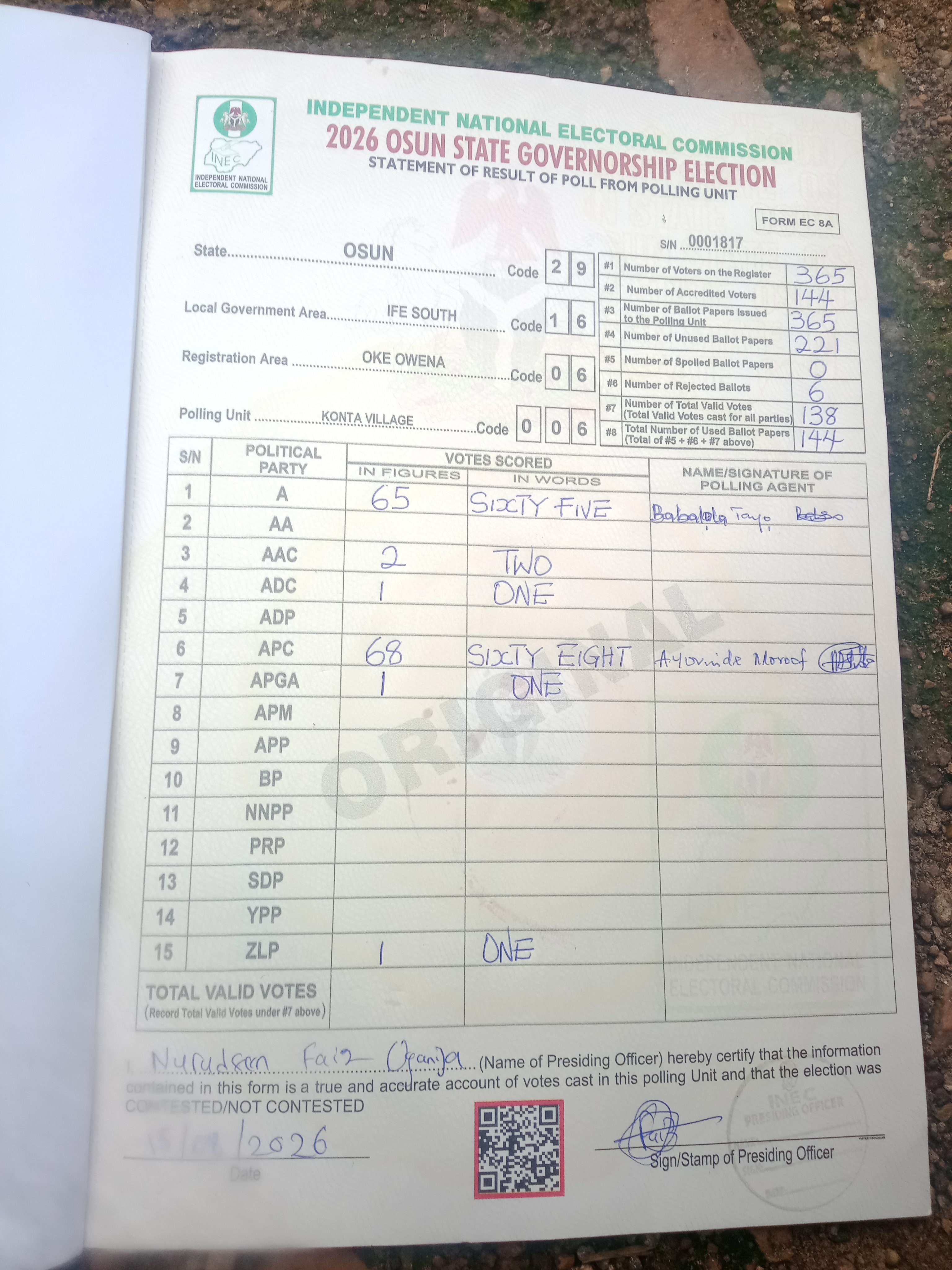 Result sheet for polling unit 29/16/06/006, Konta Village