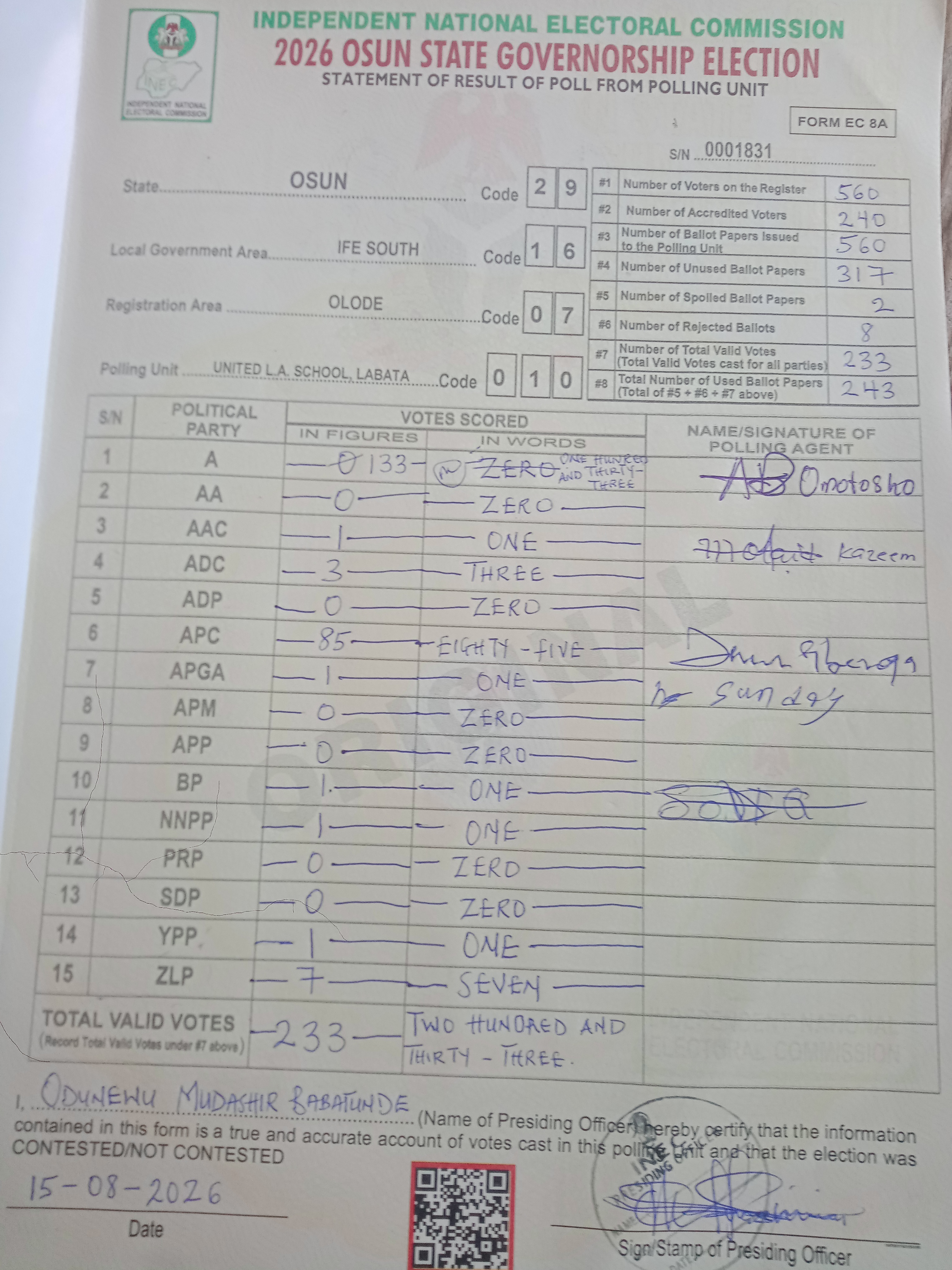 Result sheet for polling unit 29/16/07/010, United L.A. School, Labata