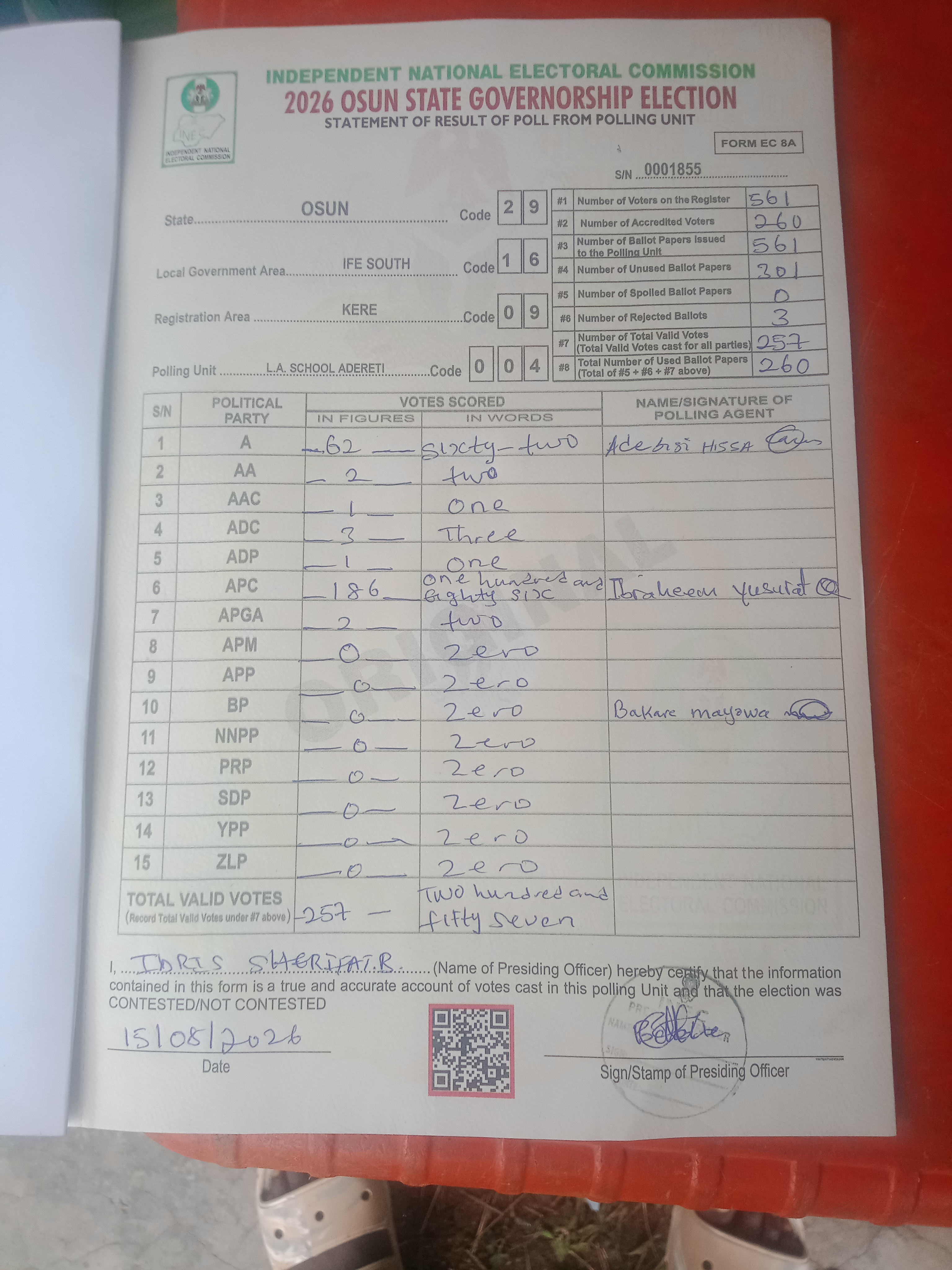 Result sheet for polling unit 29/16/09/004, L.A. School Adereti