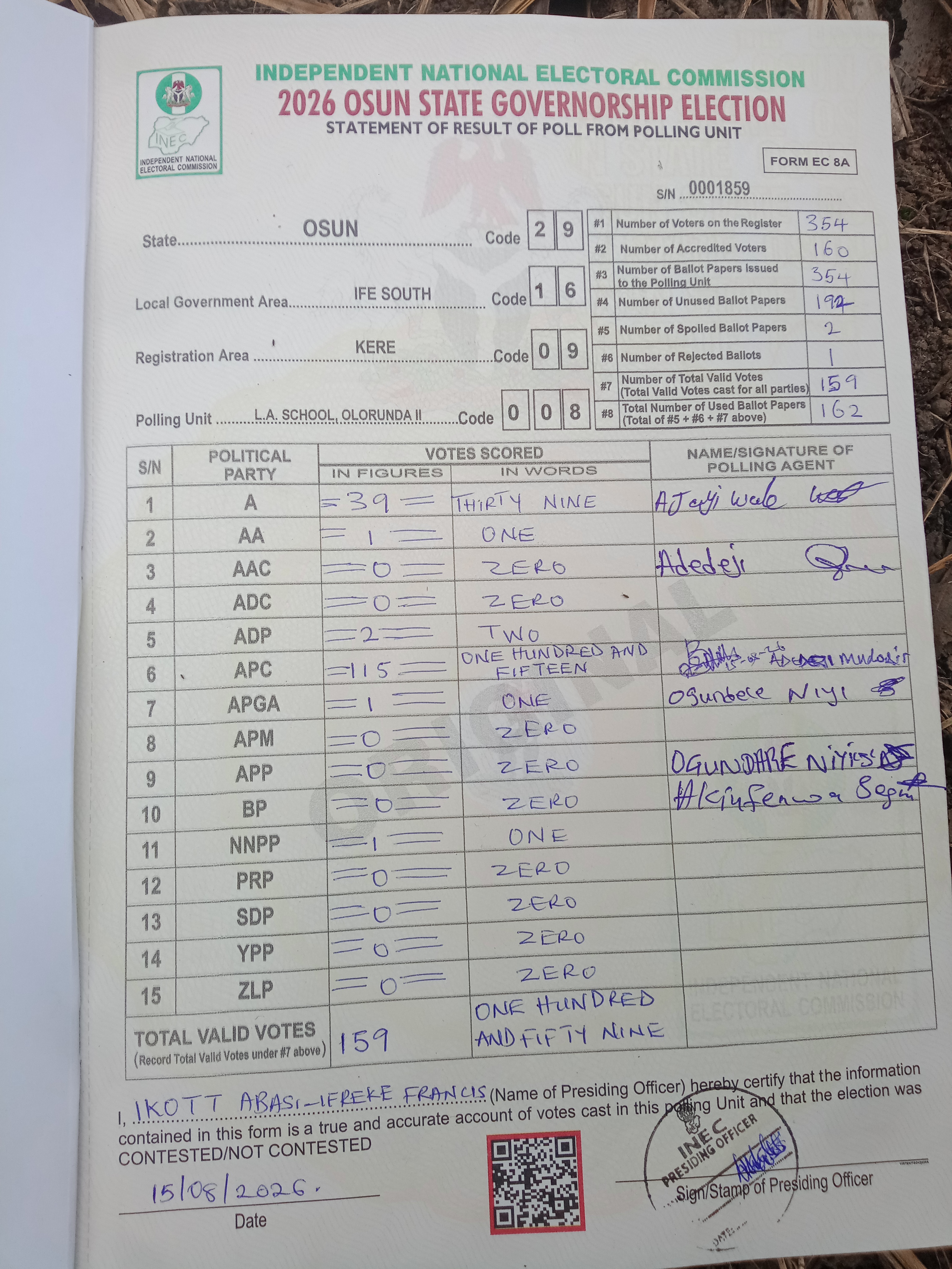 Result sheet for polling unit 29/16/09/008, L.A. School, Olorunda II