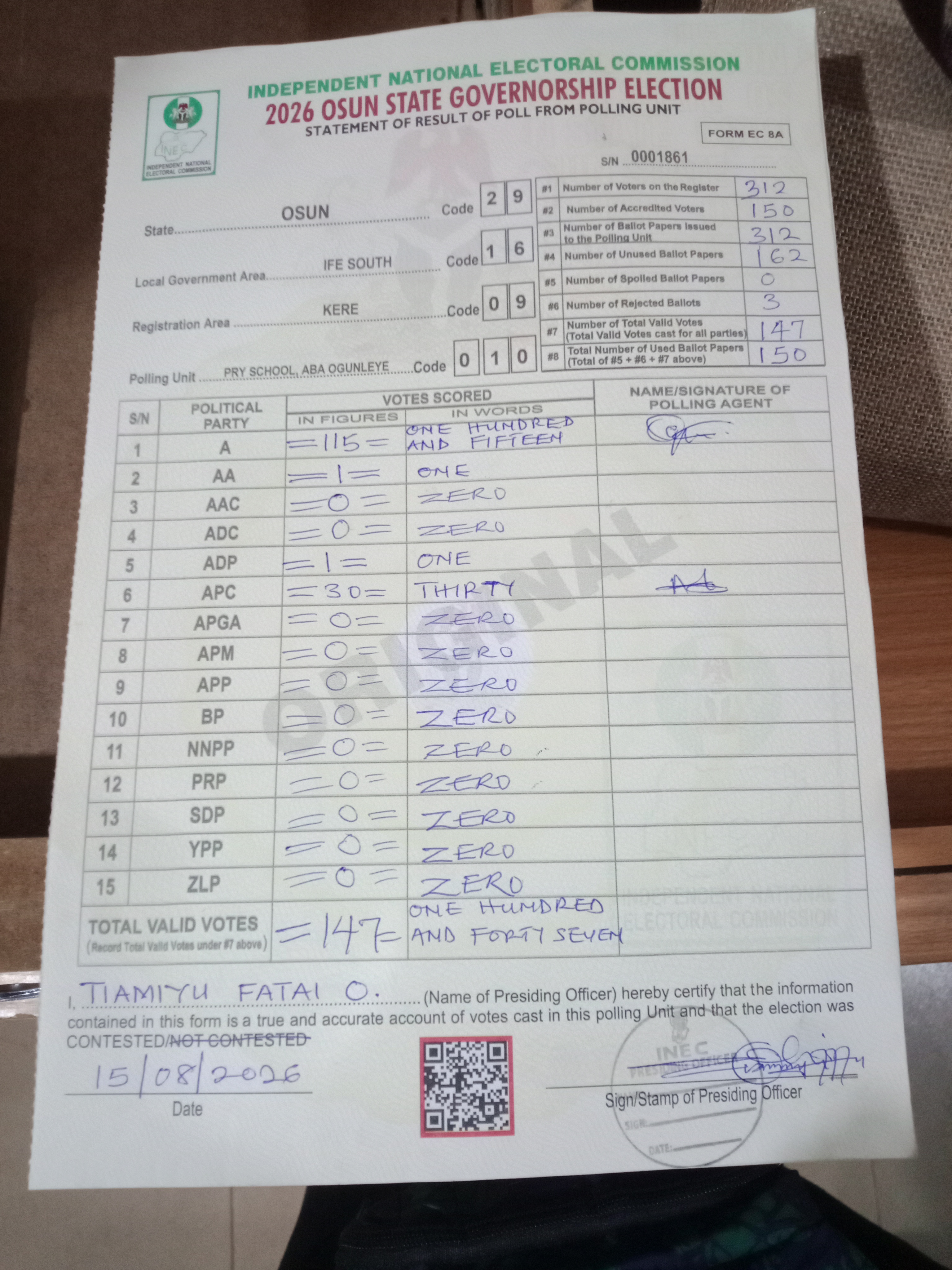 Result sheet for polling unit 29/16/09/010, Pry School, Aba Ogunleye