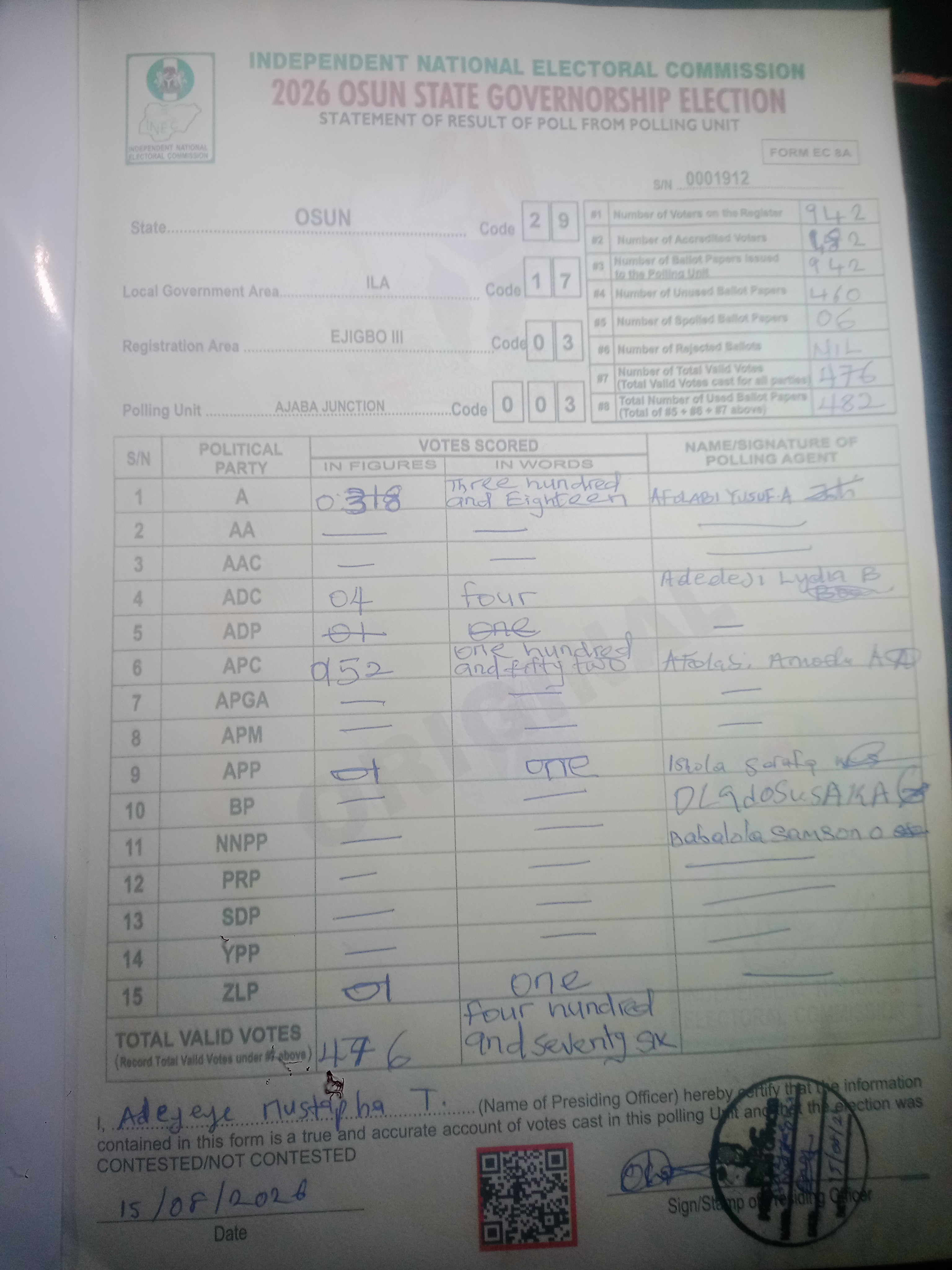 Result sheet for polling unit 29/17/03/003, Ajaba Junction