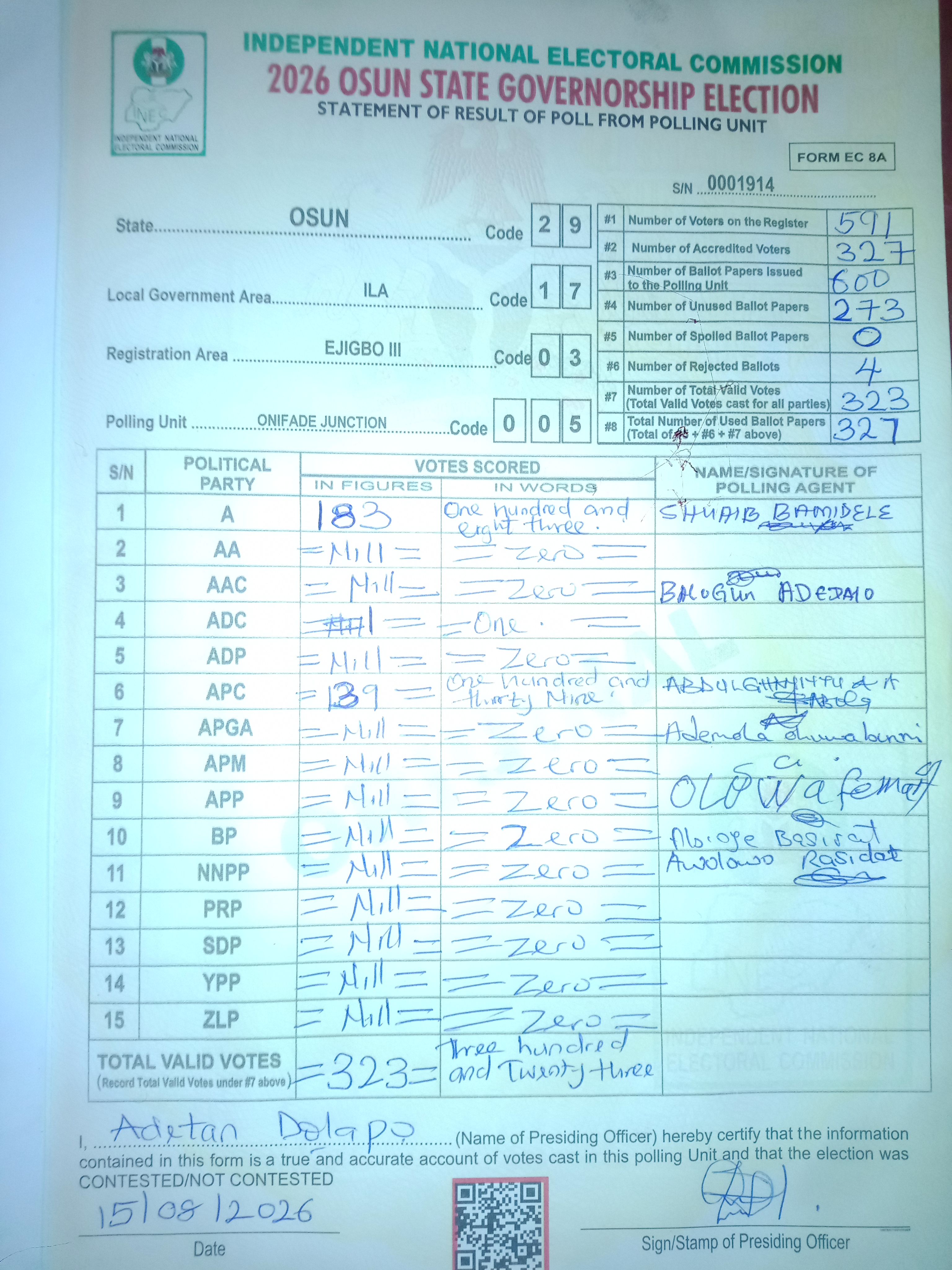 Result sheet for polling unit 29/17/03/005, Onifade Junction