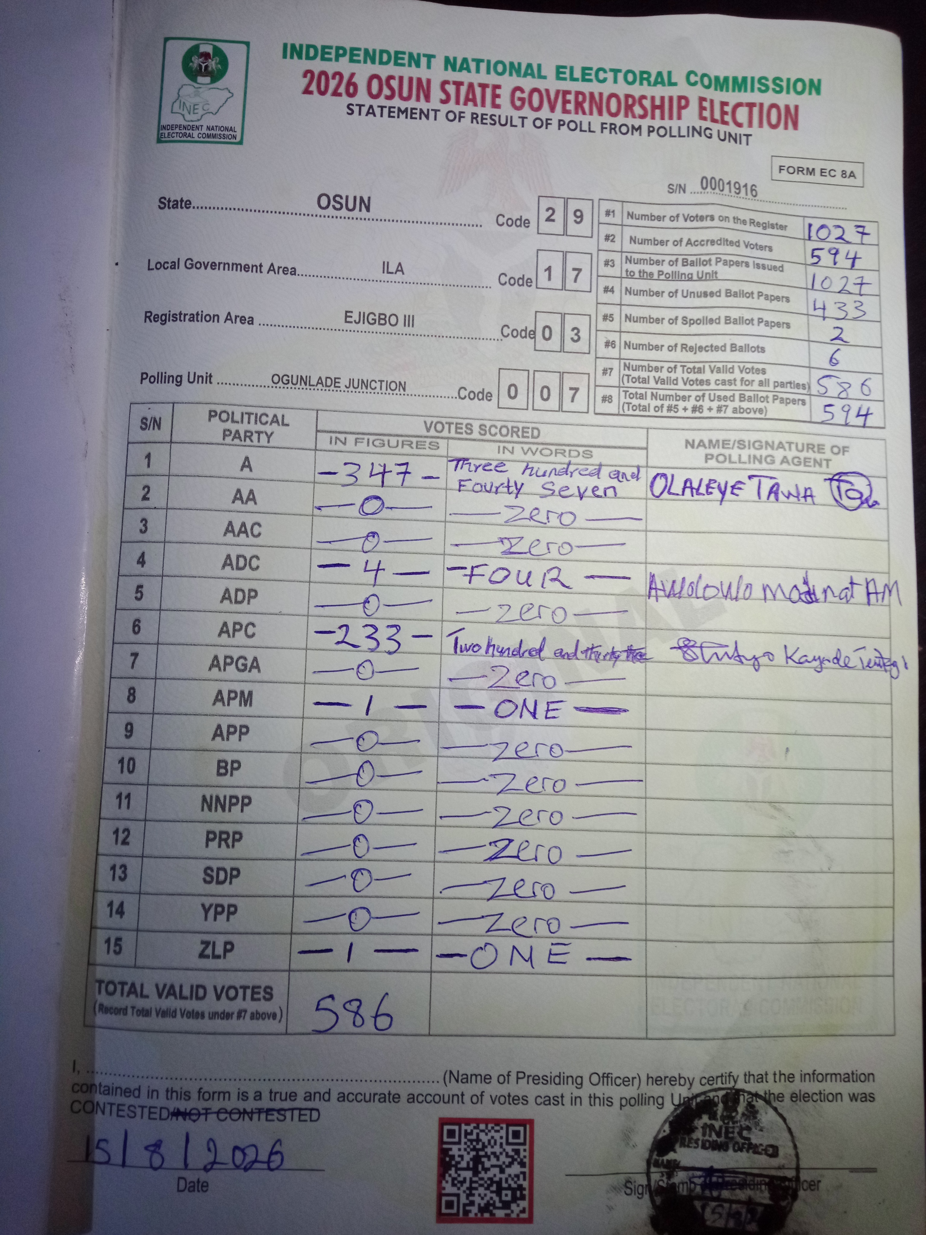 Result sheet for polling unit 29/17/03/007, Ogunlade Junction