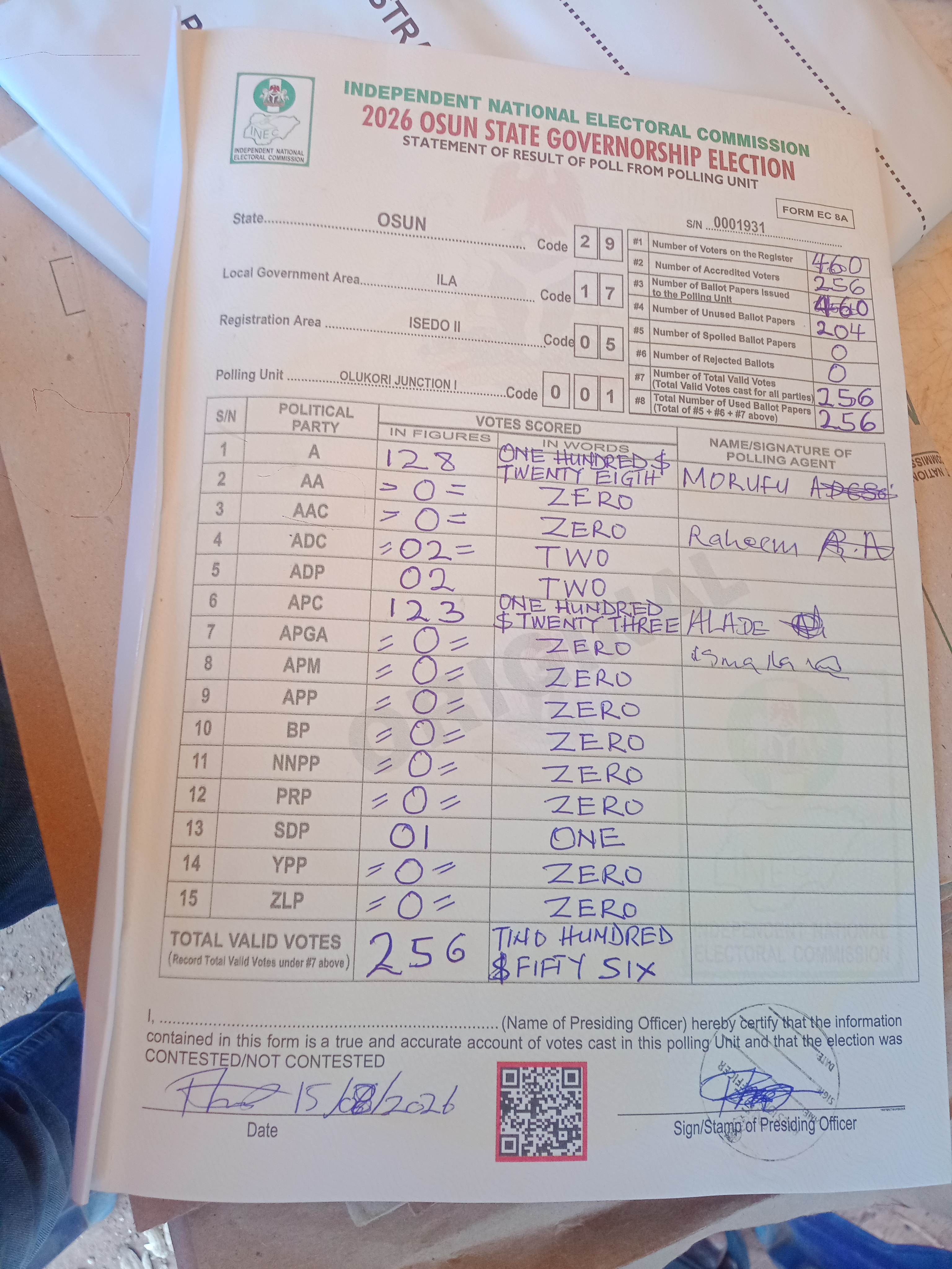 Result sheet for polling unit 29/17/05/001, Olukori Junction I