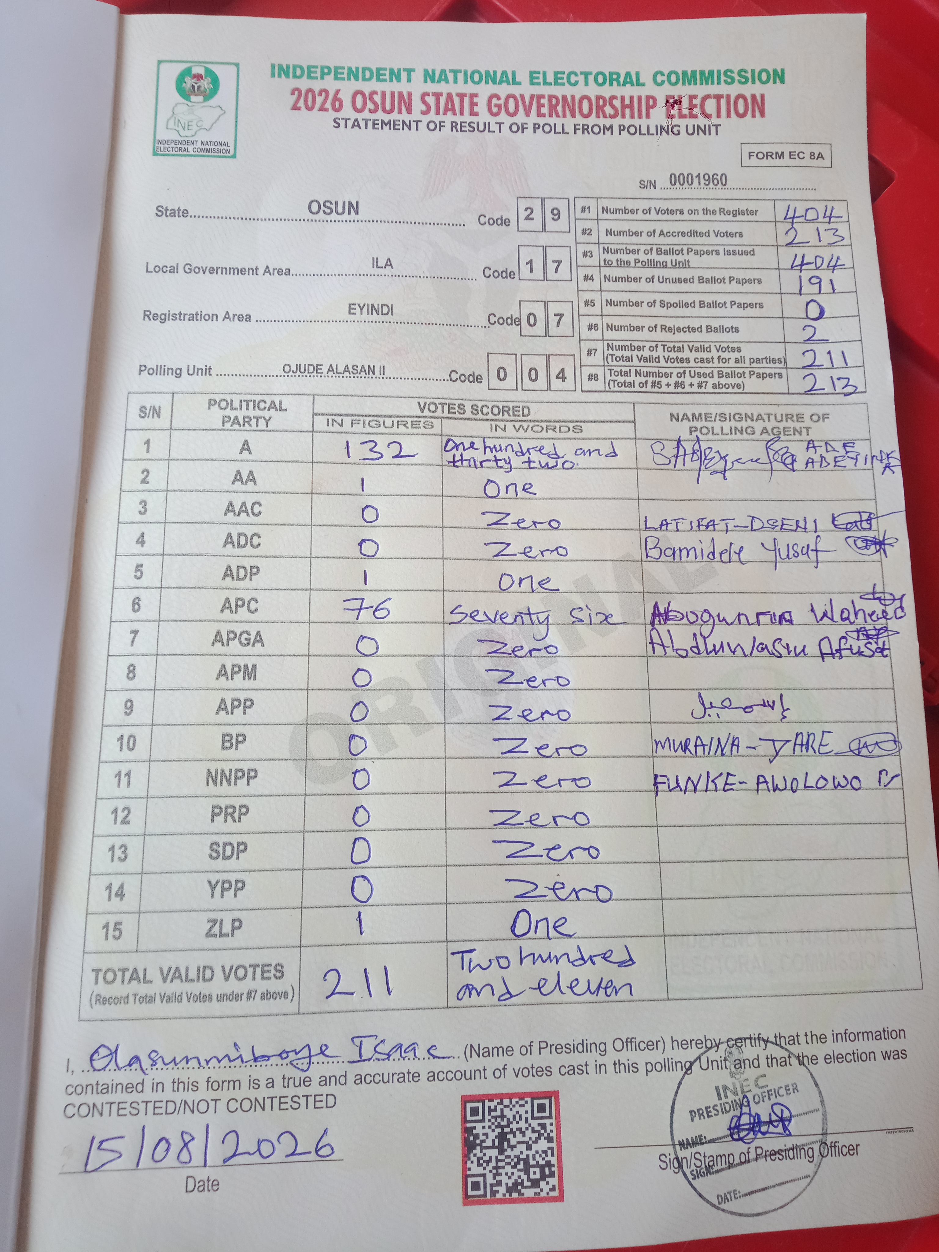 Result sheet for polling unit 29/17/07/004, Ojude Alasan II