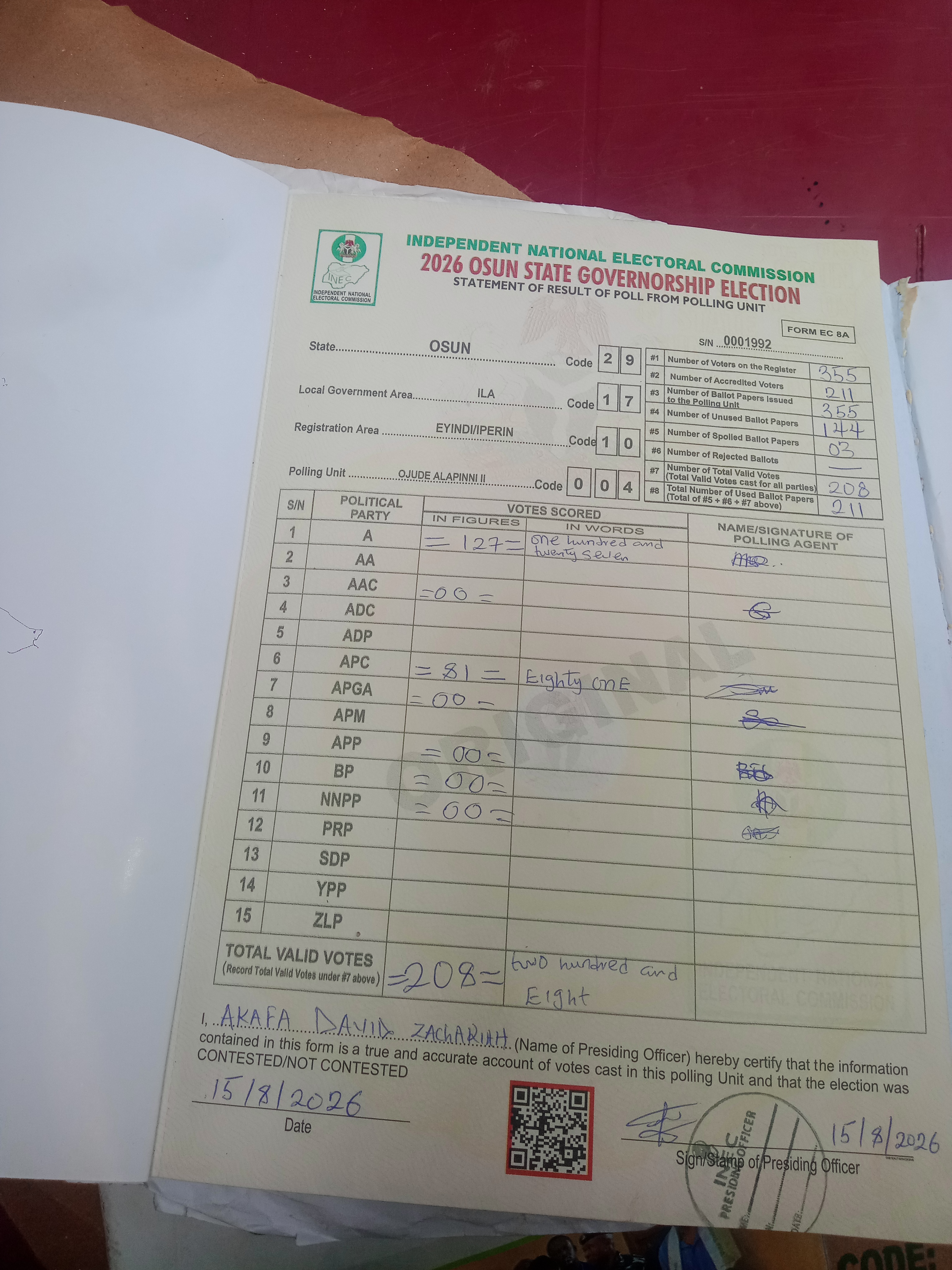 Result sheet for polling unit 29/17/10/004, Ojude Alapinni II