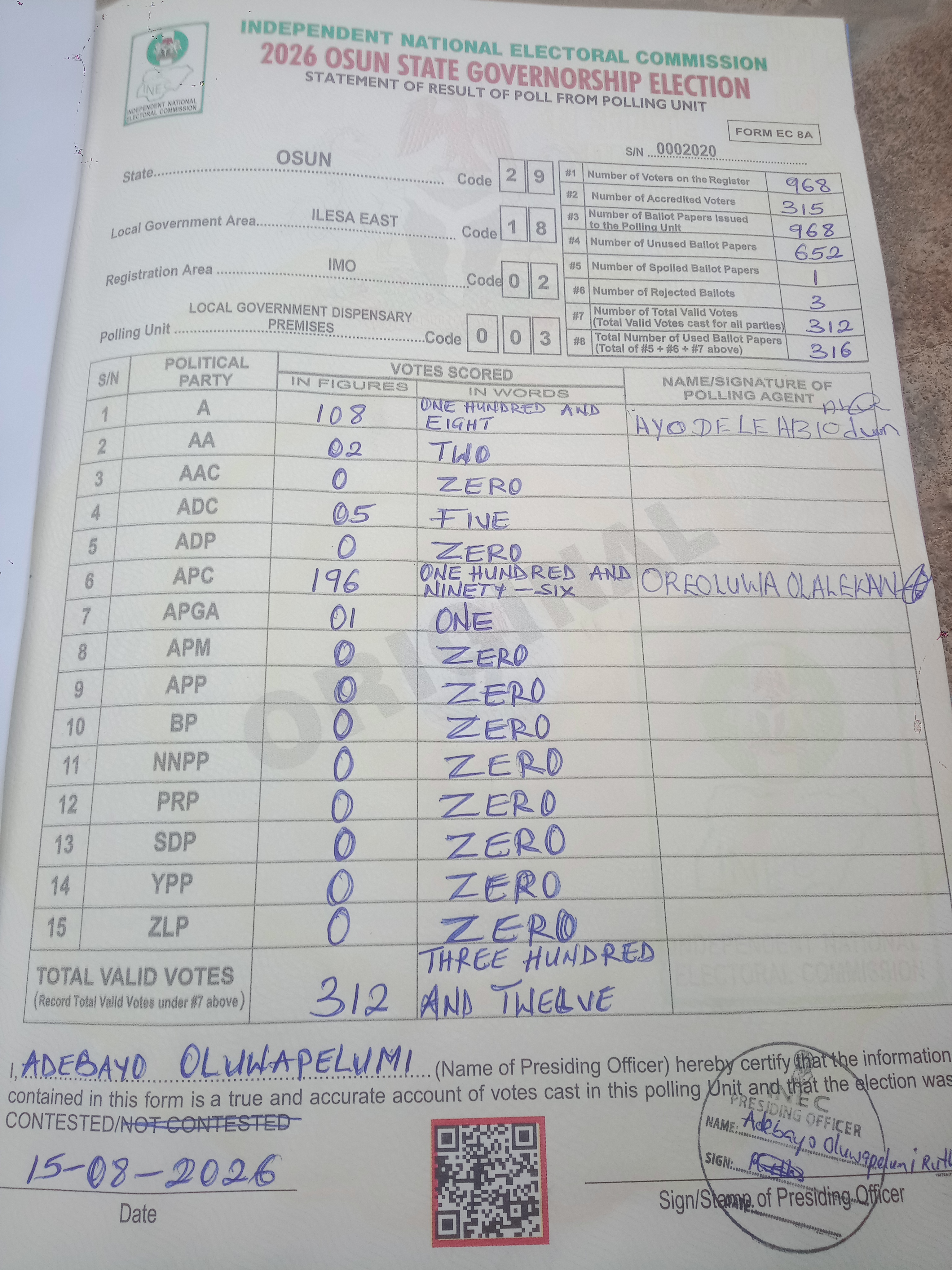 Result sheet for polling unit 29/18/02/003, Local Government Dispensary Premises