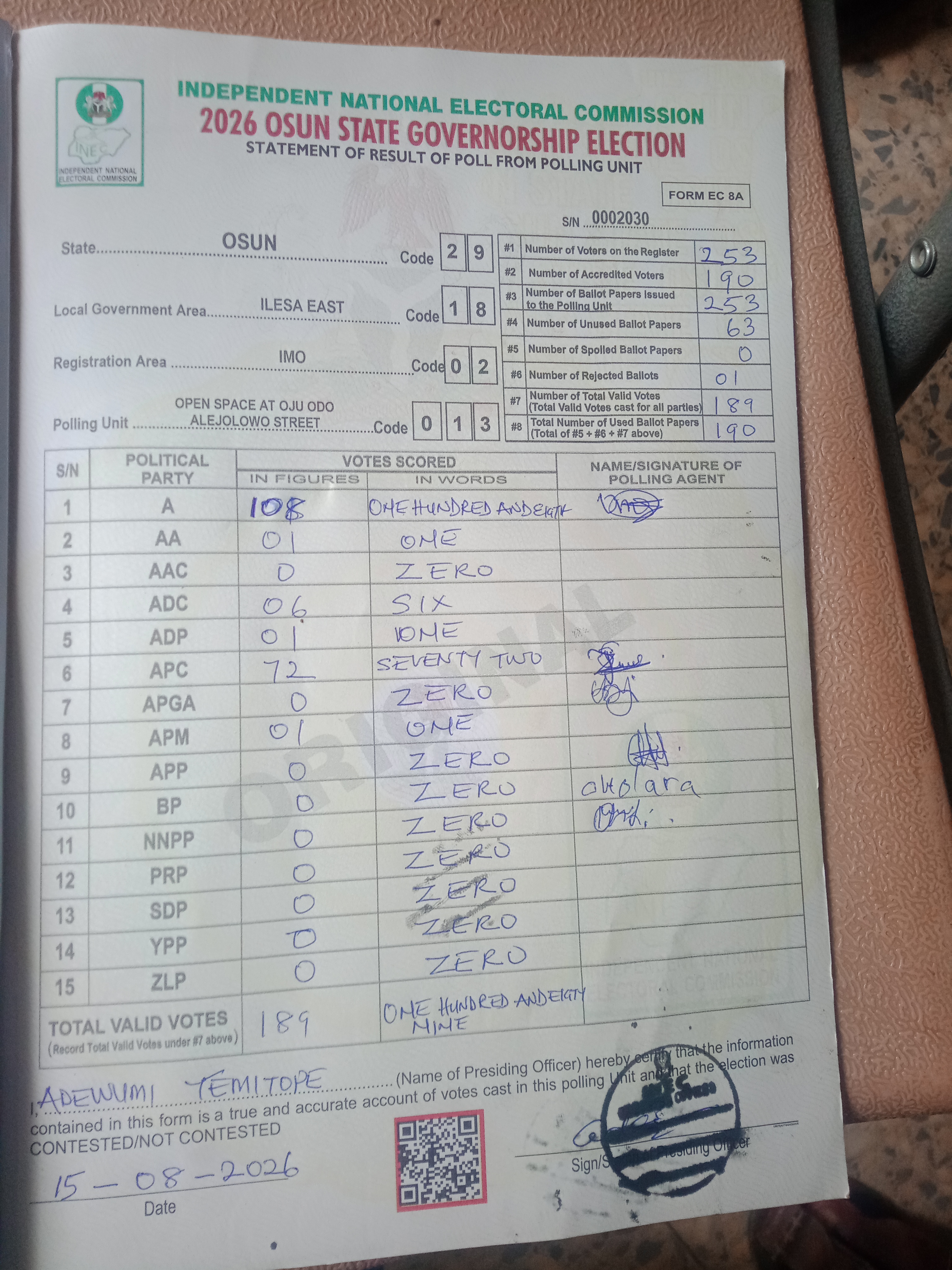 Result sheet for polling unit 29/18/02/013, Open Space At Oju Odo Alejolowo Street