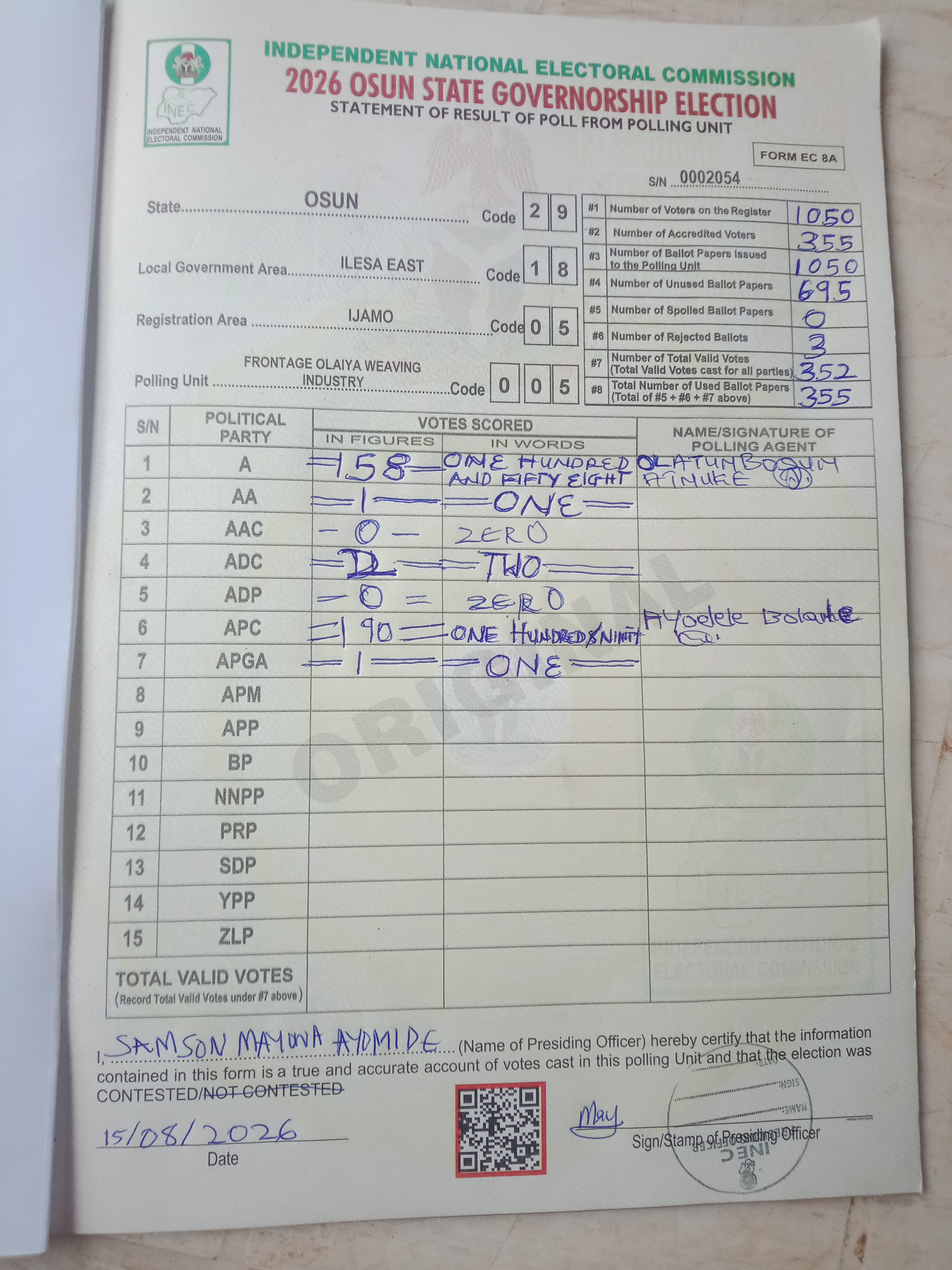 Result sheet for polling unit 29/18/05/005, Frontage Olaiya Weaving Industry