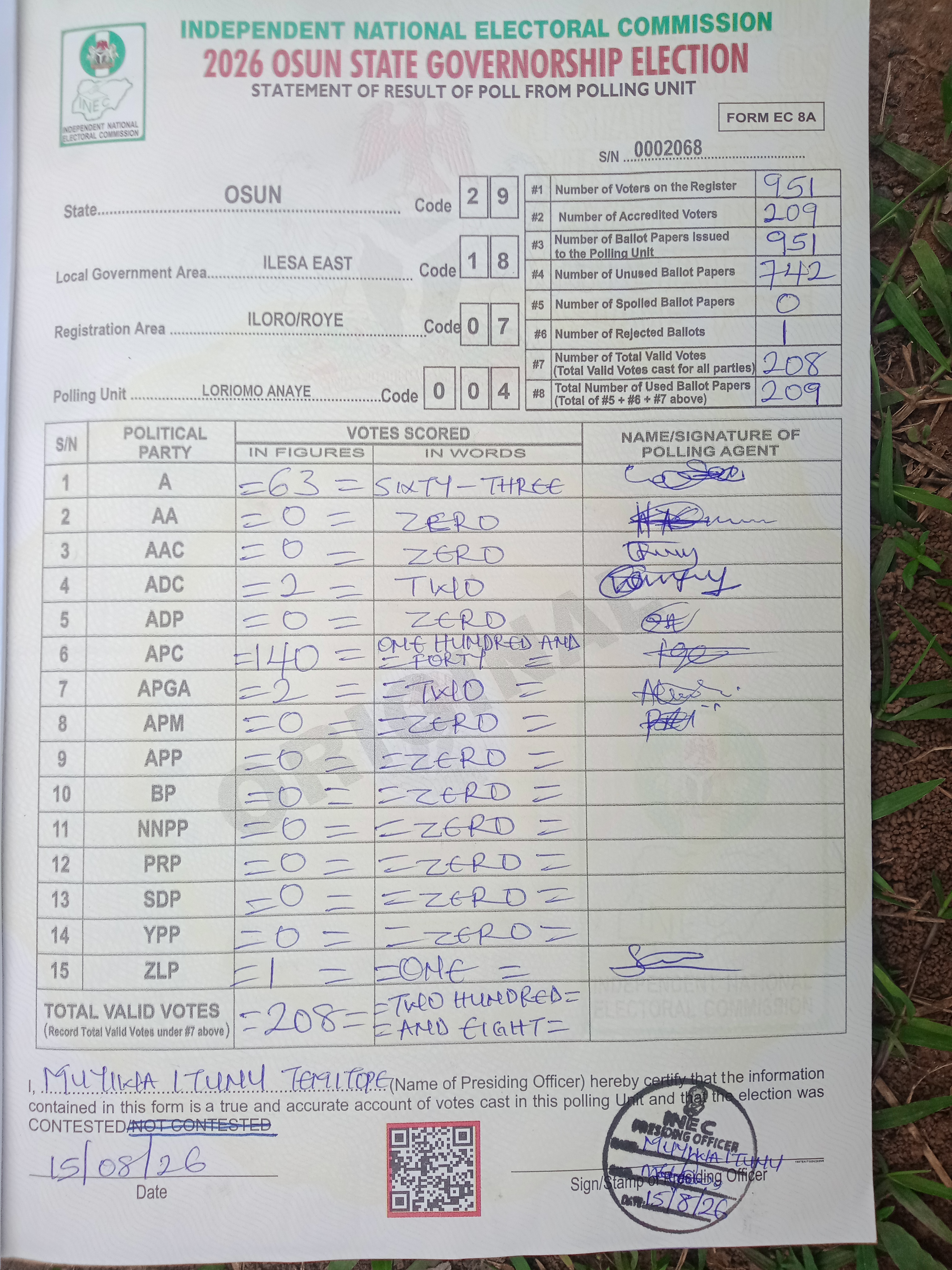 Result sheet for polling unit 29/18/07/004, Loriomo Anaye