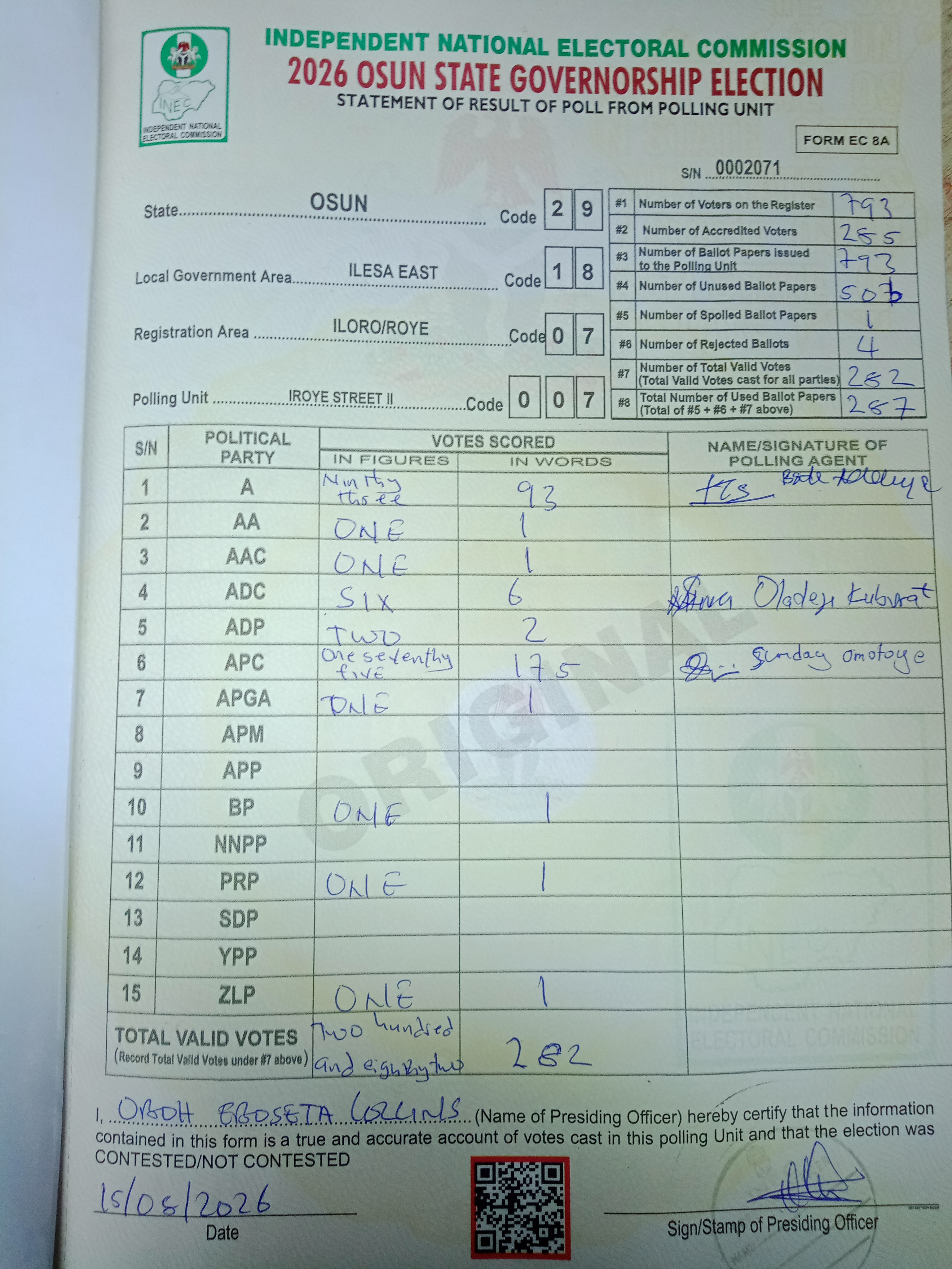 Result sheet for polling unit 29/18/07/007, Iroye Street II