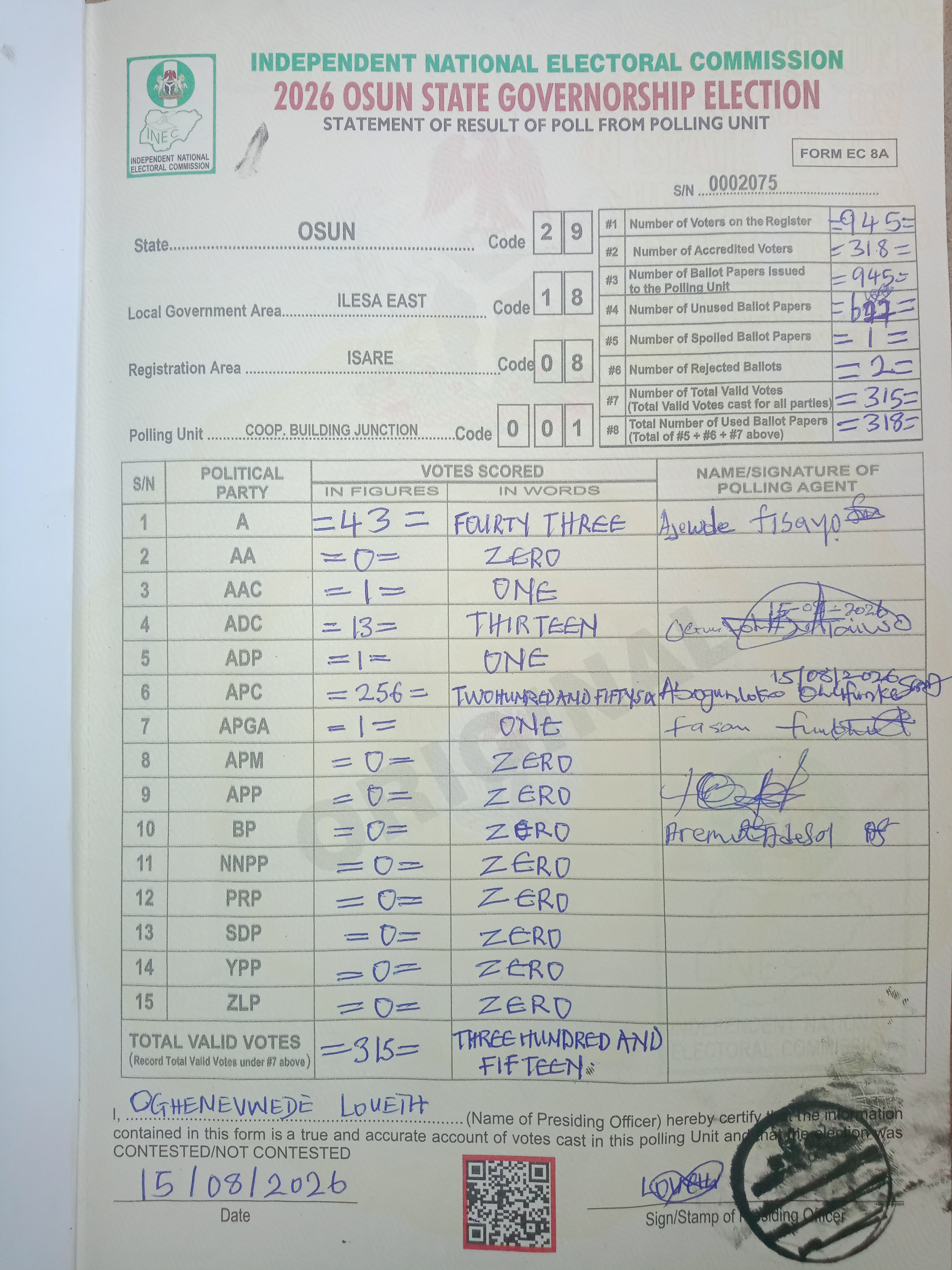 Result sheet for polling unit 29/18/08/001, Coop. Building Junction