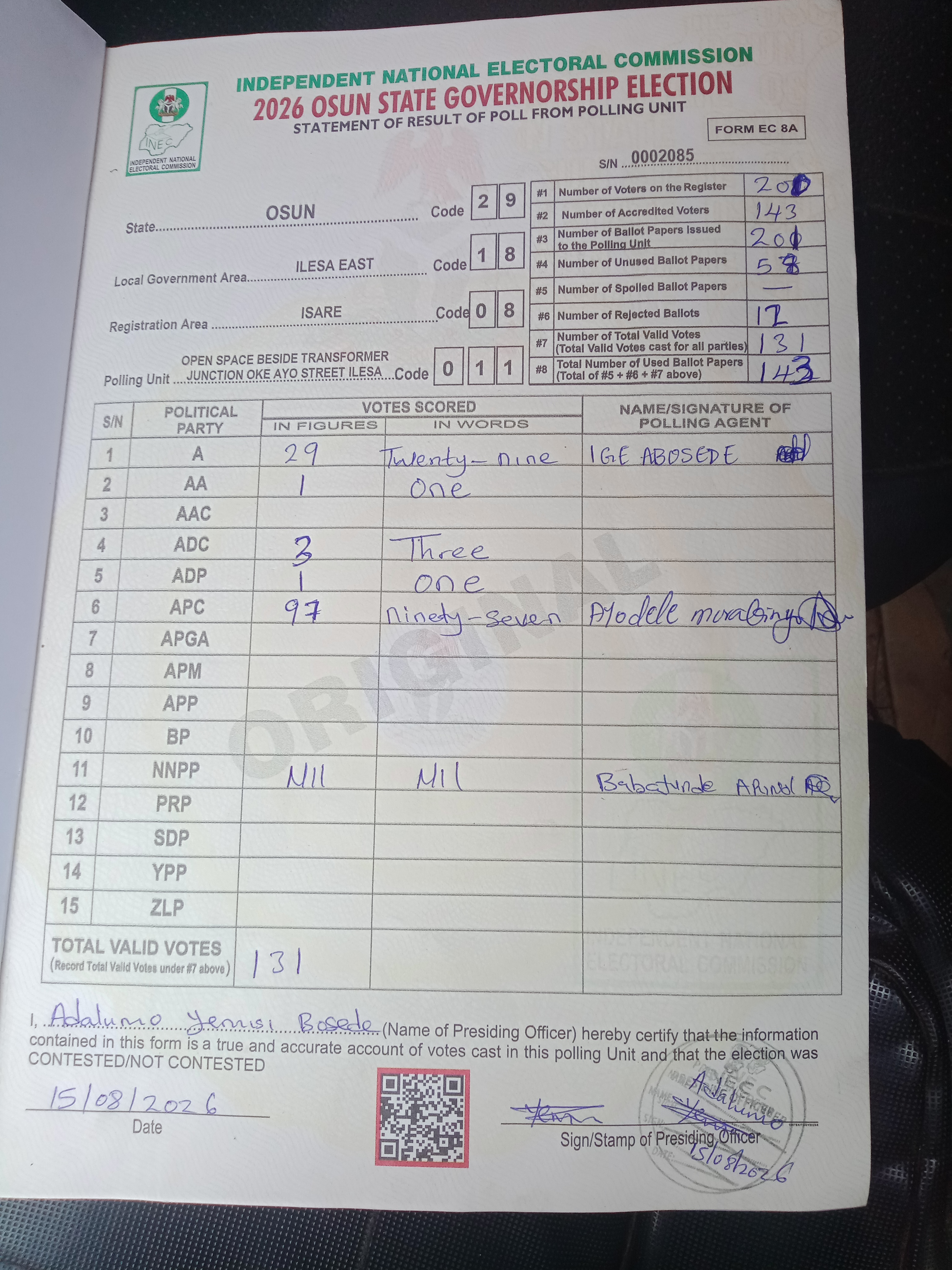 Result sheet for polling unit 29/18/08/011, Open Space Beside Transformer Junction Oke Ayo Street Ilesa