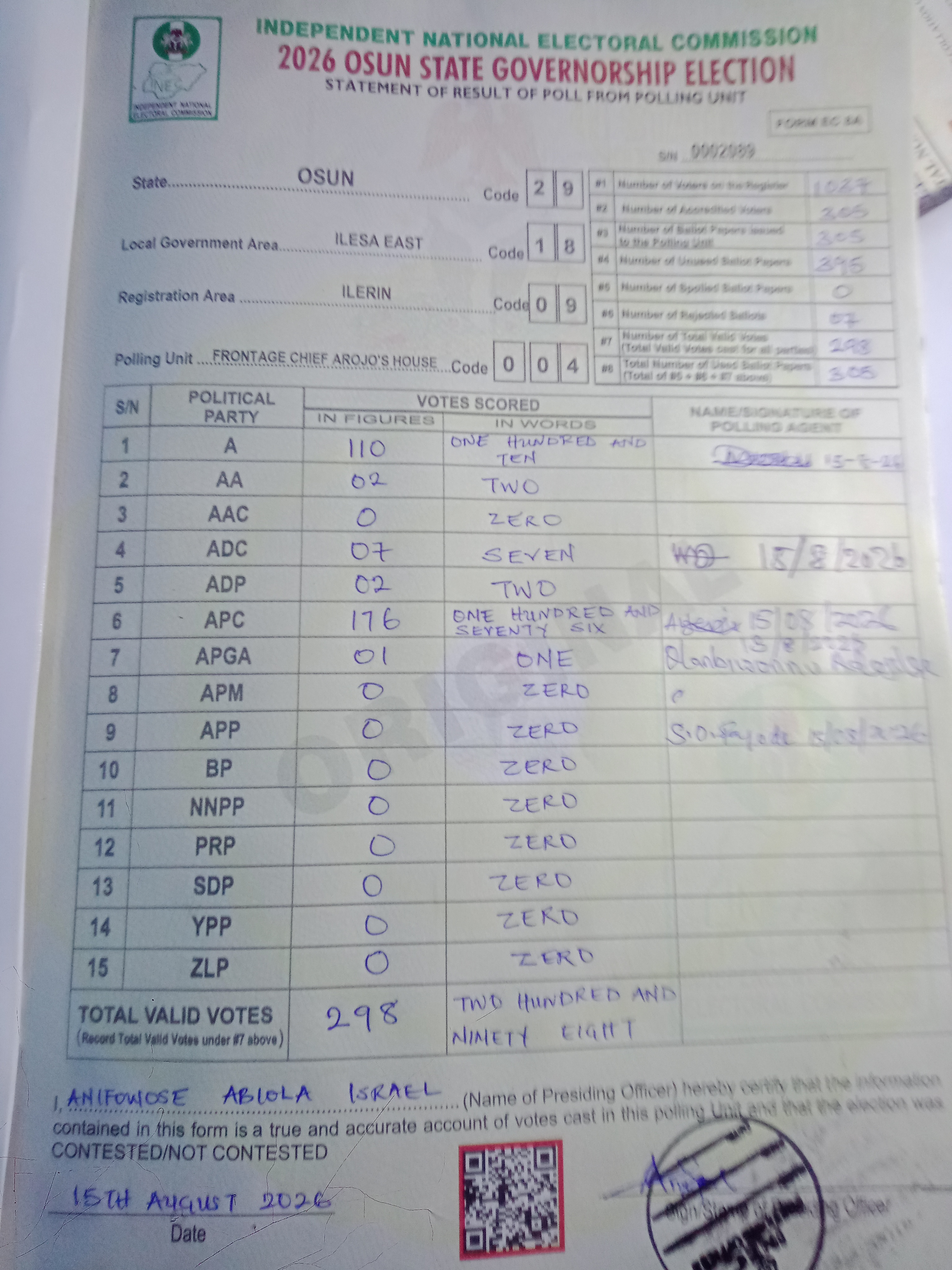 Result sheet for polling unit 29/18/09/004, Frontage Chief Arojo's House