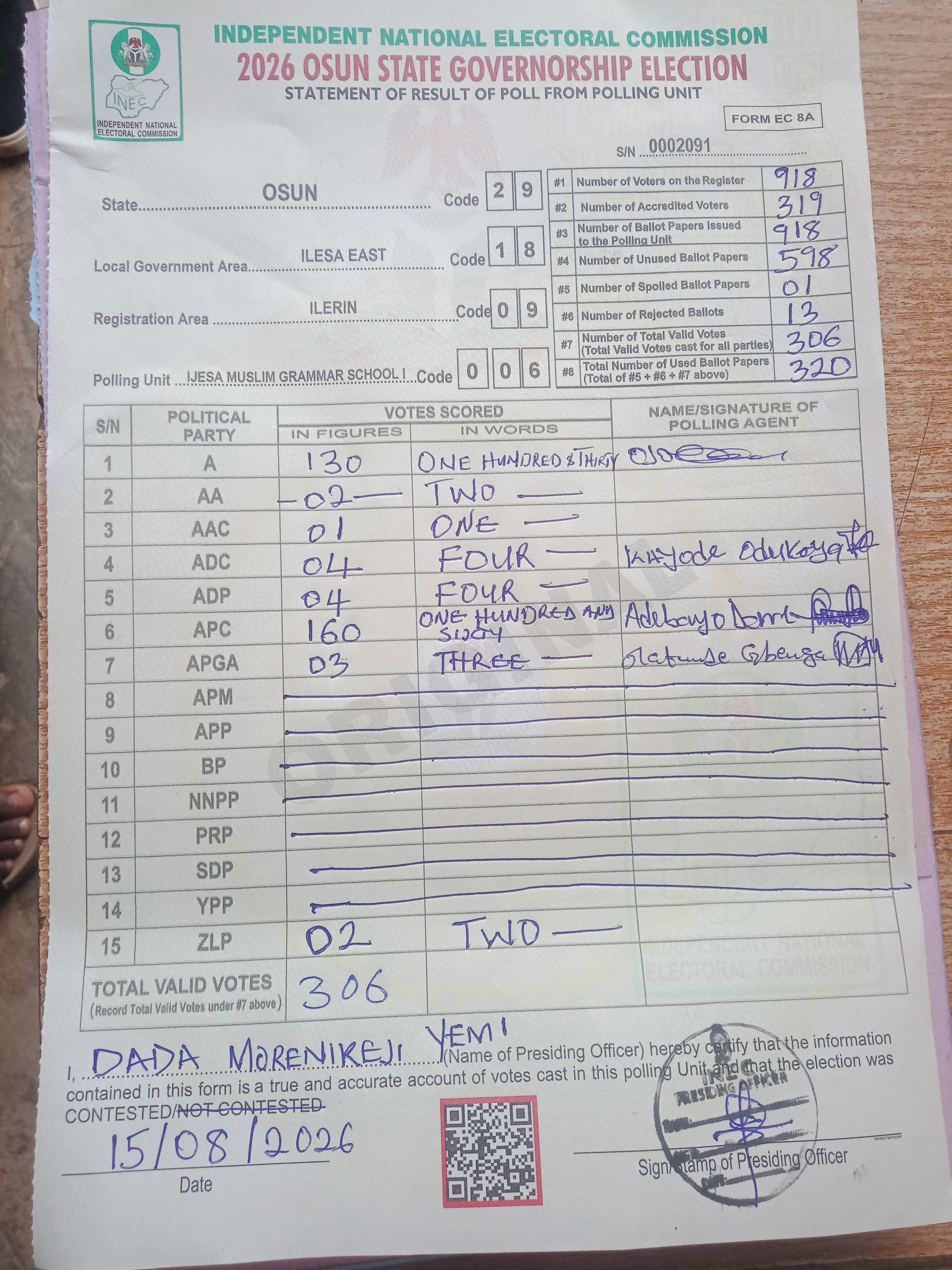 Result sheet for polling unit 29/18/09/006, Ijesa Muslim Grammar School I