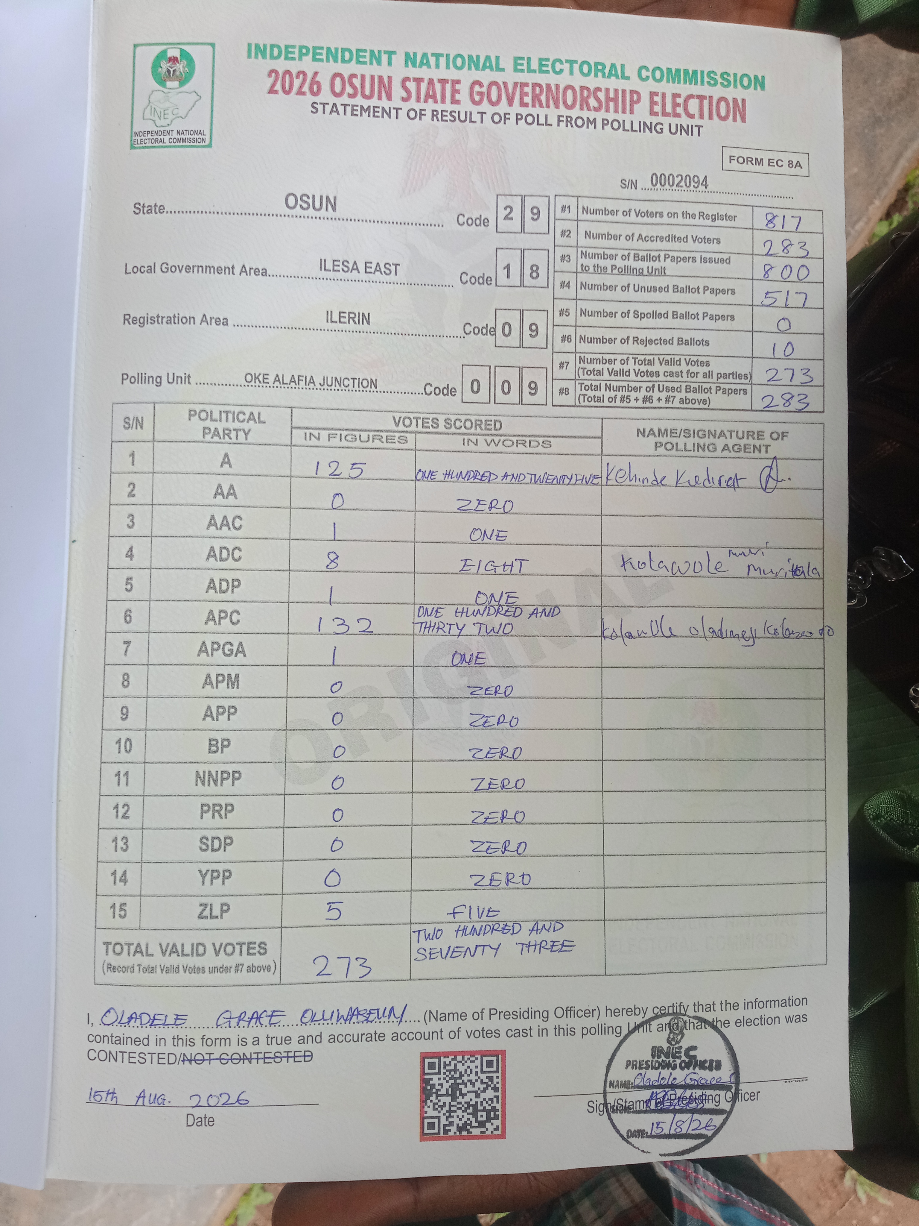 Result sheet for polling unit 29/18/09/009, Oke Alafia Junction